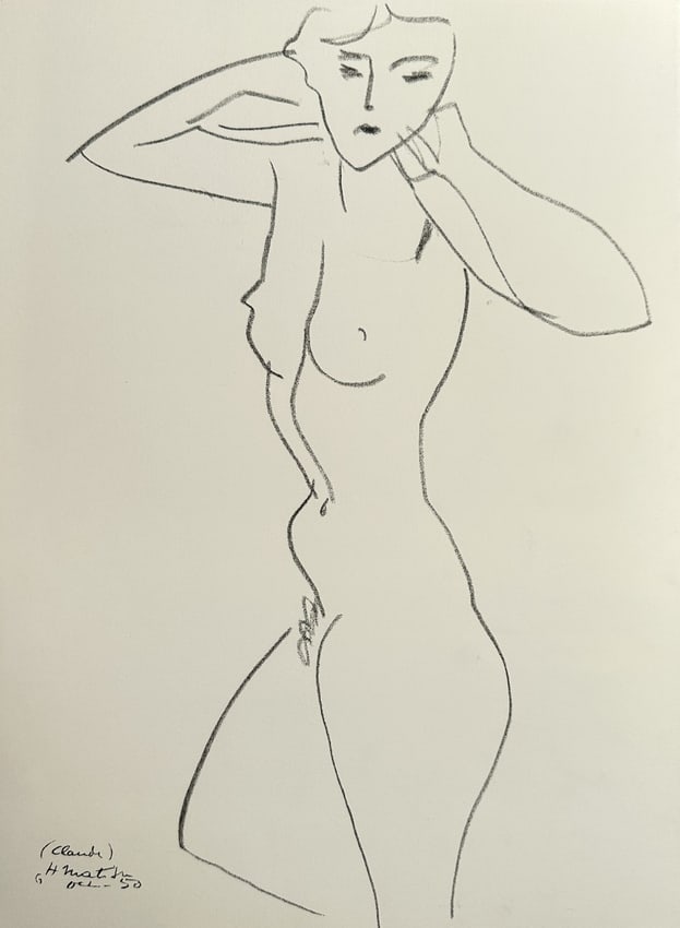 Henri Matisse (1869–1954), after – Standing Nude (Claude) – Offset print: This stark black-and-white print is an Offset print based on an original charcoal or pen drawing by Henri Matisse. The illustration depicts a simplified, standing nude female figure using fluid, conti