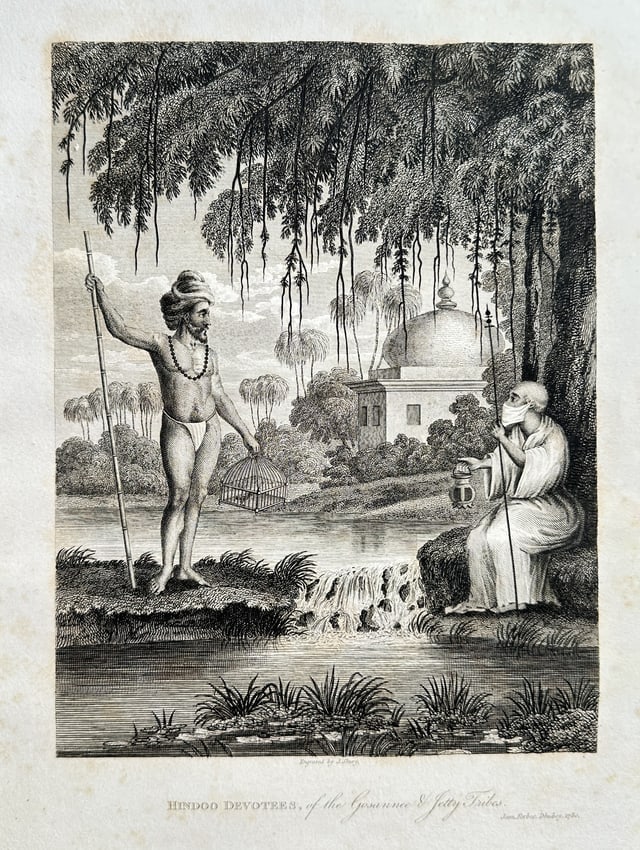 James Forbes (1749–1819) – Hindoo Devotees, of the Gosainee and Jetty Tribes: This engraving documents an ethnographic scene titled Hindoo Devotees, of the Gosainee and Jetty Tribes, depicting two holy men—one nude ascetic (Gosainee) with a staff and the other a seated figure