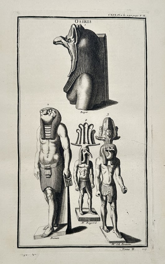 Bernard de Montfaucon (1655–1741) – Egyptian Deities: Osiris – Engraving: This engraving illustrates various representations of the ancient Egyptian deity Osiris (Ostiris), the god of the afterlife, the underworld, and rebirth. The figures include a large bust, a standing m