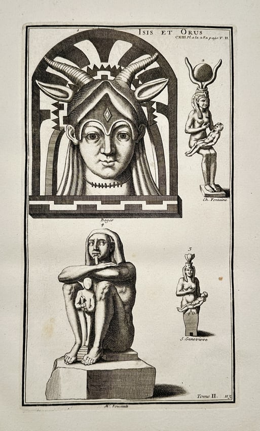 Bernard de Montfaucon (1655–1741) – Egyptian Deities: Isis and Horus – Engraving: This engraving illustrates various ancient Egyptian deities and artifacts, featuring a large bust of Isis crowned with horns and a sun disc, and several smaller figures of Horus (Orus) in his child-li