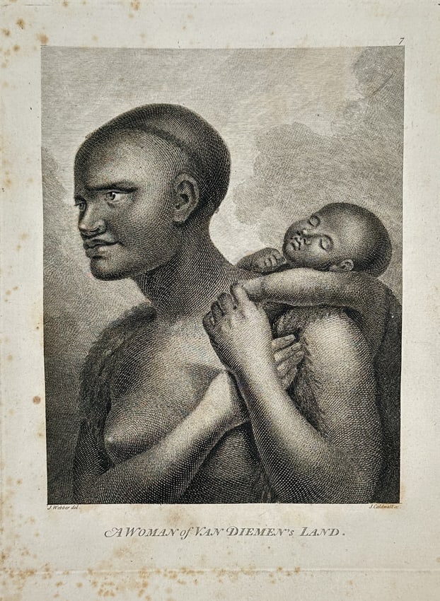 John Webber (1751–1793) – Woman of Van Diemen's Land – Large Folio (1784): This engraving, titled A Woman of Van Diemen's Land, is a portrait of an AbTasmanian woman carrying a child on her back. The woman is depicted in a close bust-length view, with a shaved head and visib