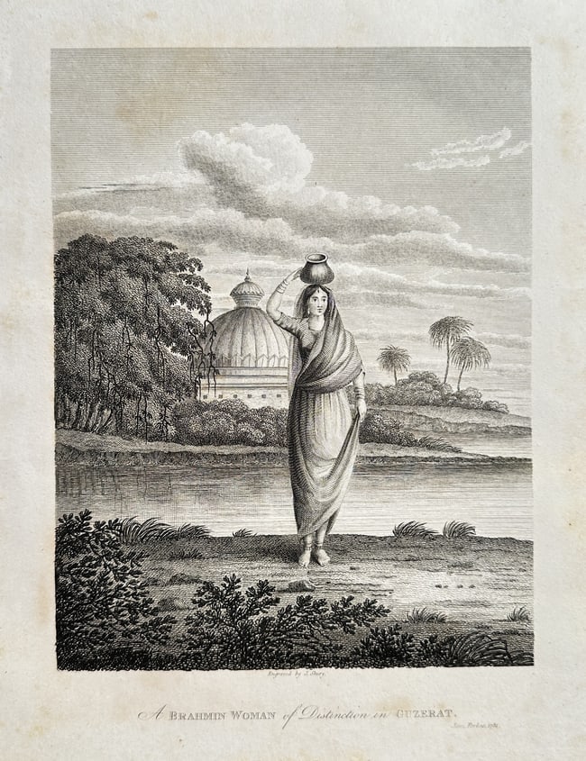 James Forbes (1749–1819) – A Brahmin Woman of Distinction in Guzerat: This detailed ethnographic and topographical print is titled A Brahmin Woman of Distinction in Guzerat (Gujarat, India), and depicts the figure carrying a water pot on her head against a picturesque l