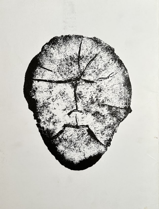 Marino Marini (1901–1980), after – Face in Woodgrain (Abstract Portrait): This striking print is an Offset print based on an original work by Marino Marini. The image features a bold, circular, black-and-white motif resembling the cross-section of a log or tree stump (wood