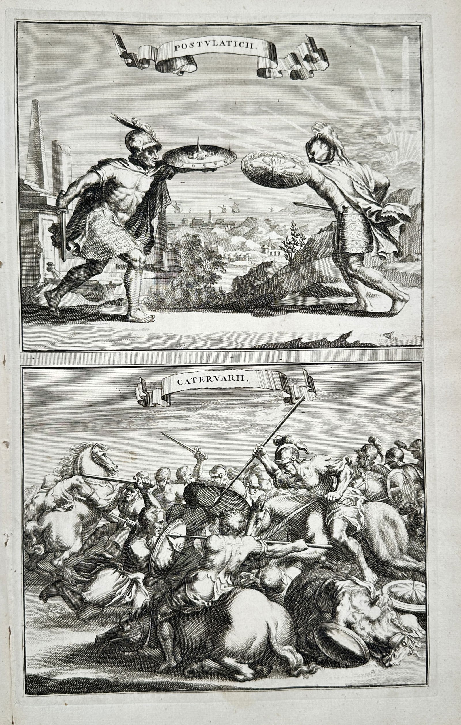 Jan Goeree (1670–1731) – Scenes of Ancient Combat: Postulatich and Catervarii – Engraving (c. (1 of 2)