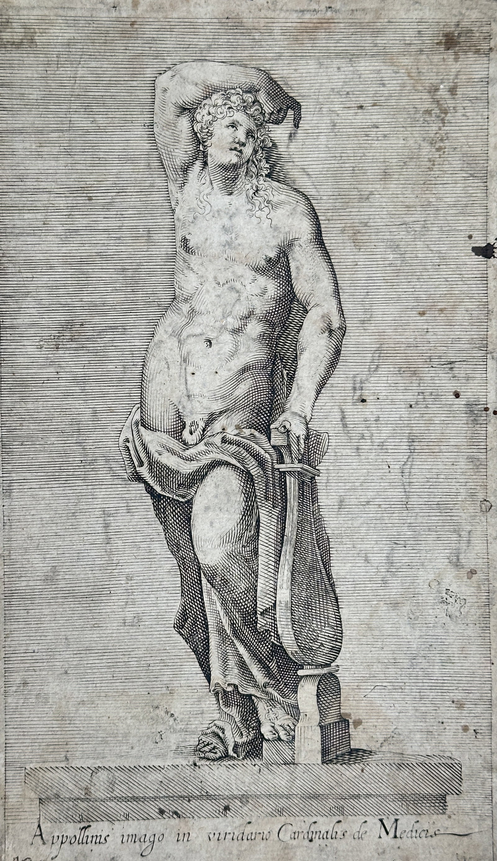 Giovanni Battista de Cavalieri (1526–1597) – Apollo in the Medici Garden Collection –: This engraving is a reproduction of a celebrated classical marble sculpture of Apollo, the god of music, poetry, and archery. The nude male figure is depicted in a dramatically poised stance, with his
