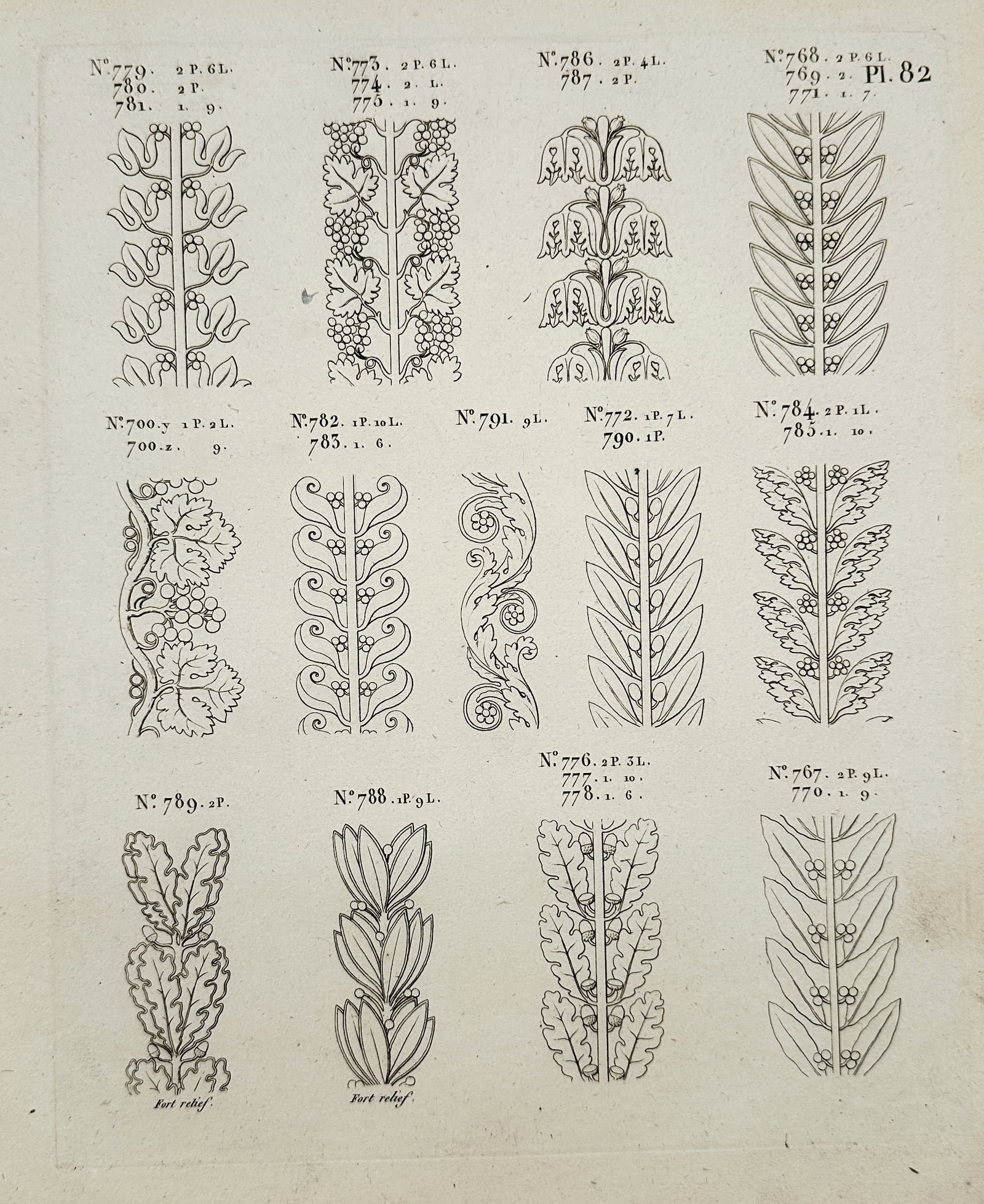 Joseph Beunat (1771–c. 1827) – Ornamental Frieze and Border Designs from Architectural Ornaments: This engraving displays twelve individual designs for ornamental friezes, borders, or moldings, primarily executed in the Neoclassical or French Empire style. The motifs include stylized scrolling aca