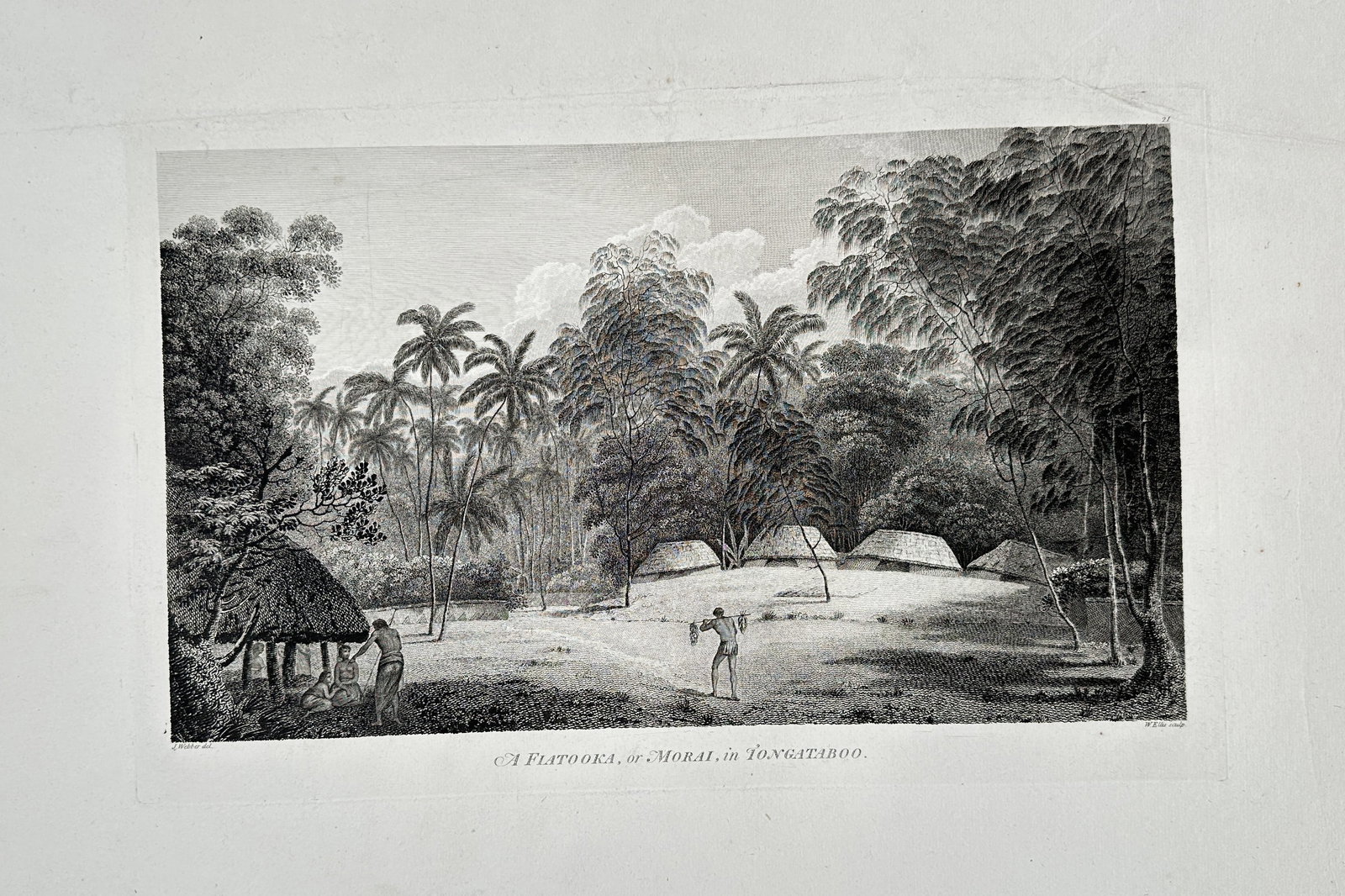 John Webber (1751–1793) – A Ceremonial Site (Marae) in Tavyoo (Polynesia) from Cook's Voyages: This engraving depicts an important Polynesian site, identified as a ceremonial platform or Marae, situated within a dense tropical environment of palm trees and native foliage. Several thatched struc