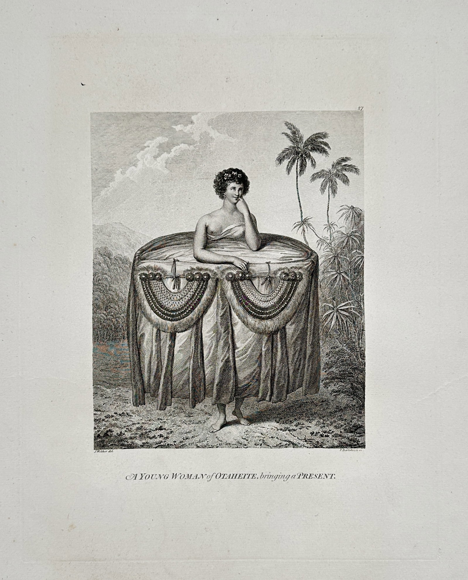 John Webber (1751–1793) – A Young Polynesian Woman Bringing a Ceremonial Present: This engraving depicts a young Polynesian woman, identified as Oleeheive, performing the customary act of presenting a gift. She is shown in a tropical setting, wearing a unique, cylindrical garment,