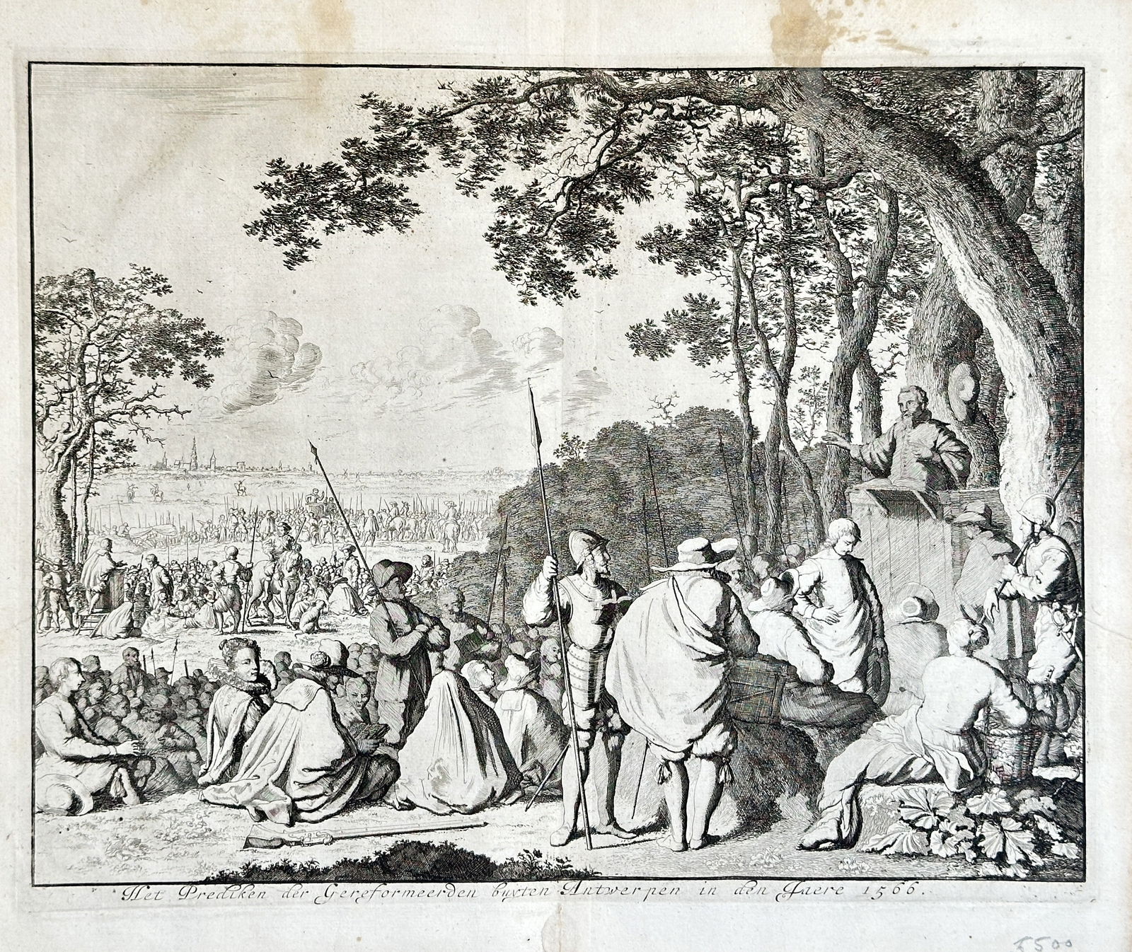 Jan Luyken (1649–1712) – The Preaching of the Reformed outside Antwerp in the Year 1566 –: This detailed engraving depicts a historical scene in Antwerp, Belgium, showing a mass outdoor gathering of Protestants. The event, known as a "hedge-preaching" or "Hagepreeken," was a significant mom