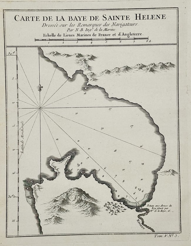Jacques-Nicolas Bellin (1703–1772) – Map of South Africa - Saint Helena Bay: This nautical map depicts the Bay of Saint Helena (Baye de Sainte Helene), located on the Atlantic coast of South Africa, north of Cape Town. The map provides essential navigational information, inclu