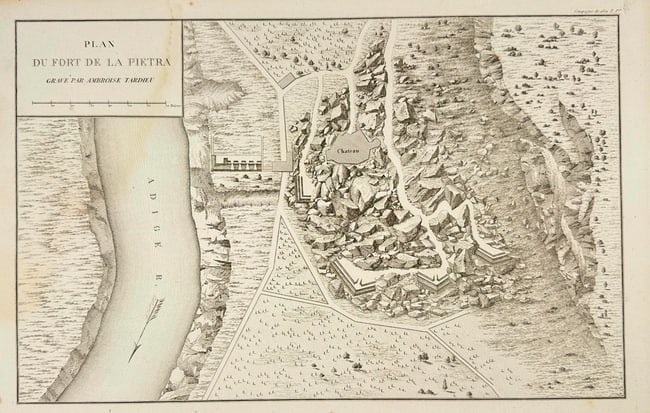 Ambroise Tardieu – Map of Italy - Plan of the Fort of La Pietra – Engraved: This finely executed engraved Plan by Ambroise Tardieu depicts the strategic fortification of La Pietra along the Adige River. The composition features detailed rendering of the rocky terrain, the def