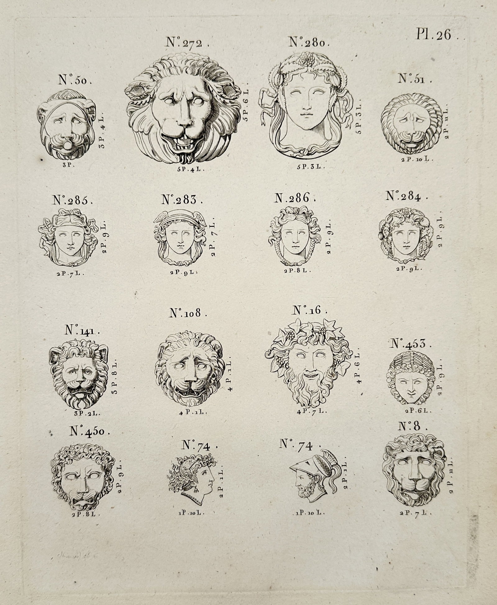 Joseph Beunat (1771–c. 1827) – Designs for Ornamental Masks and Lion Heads from Architectural: This engraving displays eighteen distinct designs for ornamental mascarons, or sculpted masks, intended for architectural embellishment. The motifs include a variety of highly detailed lion heads, hum