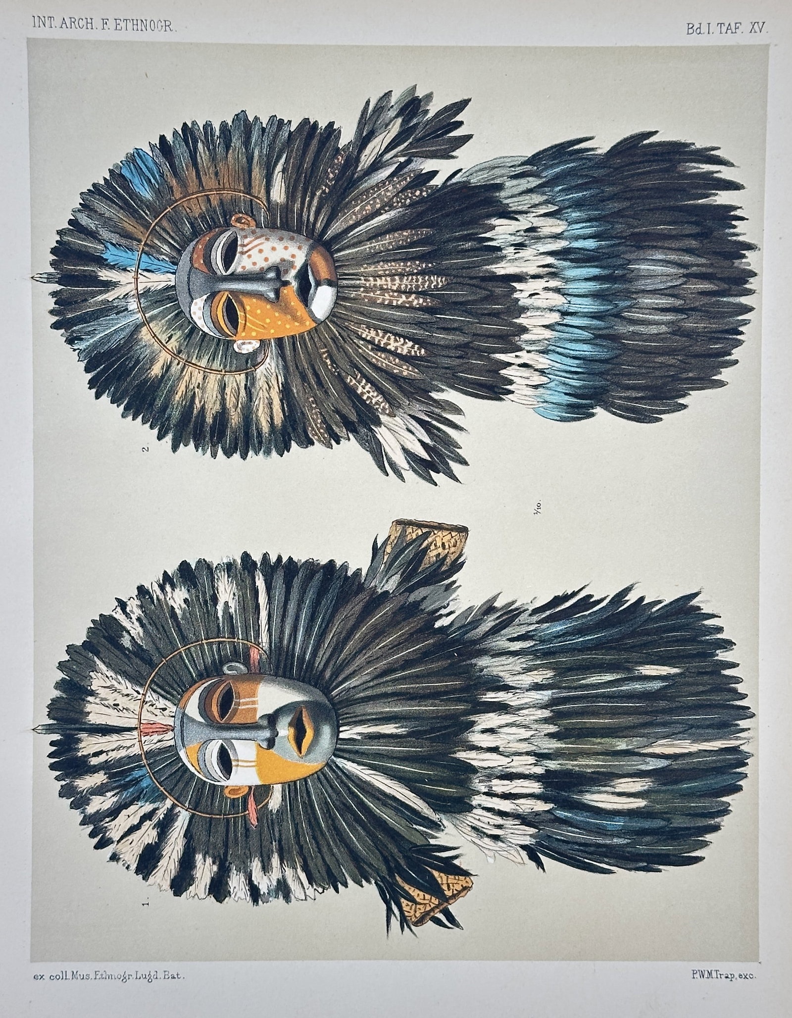 Garcís Andras – Feather Headdresses (Ethnographic Artifacts) – Chromolithograph: This chromolithograph presents two highly detailed and vividly colored illustrations of large ceremonial feather headdresses or masks, originating from indigenous cultures in South America or Oceania.