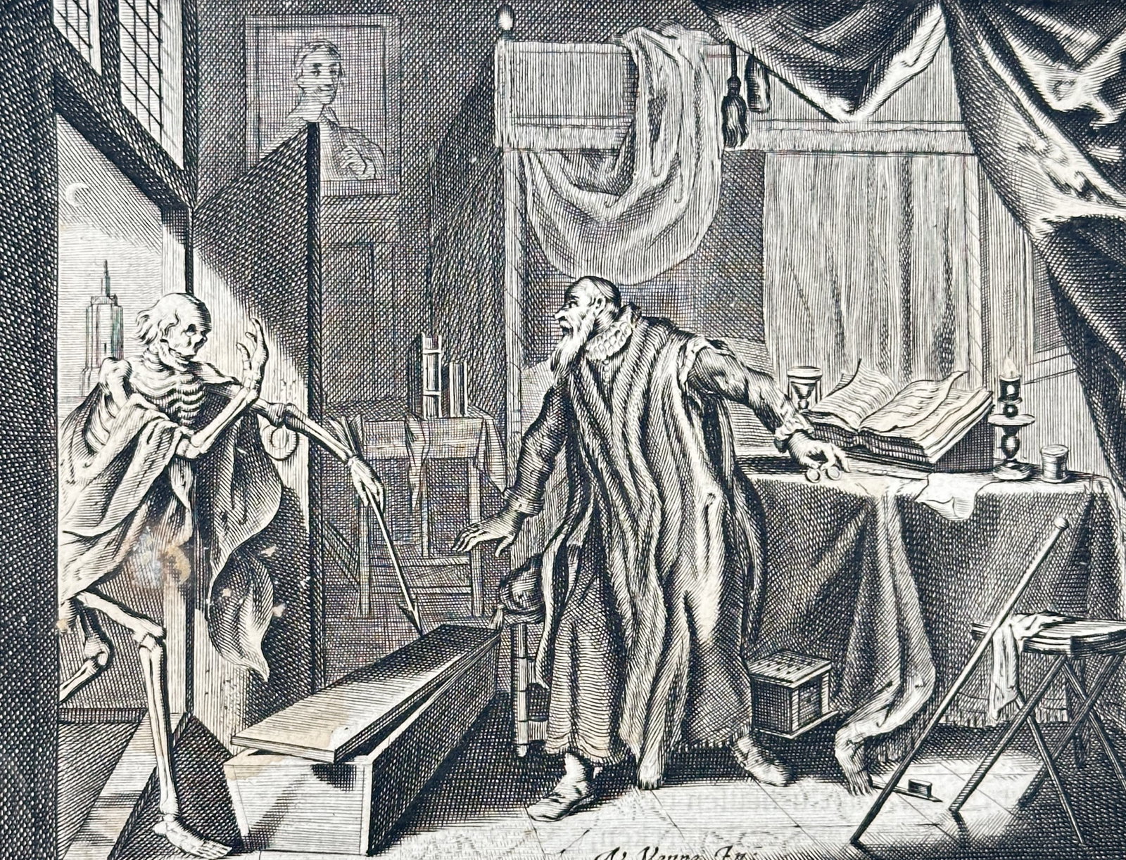 Jacob Cats – Dialogue Between Death and an Old Man – Engraving (c. 1655): This engraving is the lead illustration for the section titled t Samen-Sprake, Tusschen de Dood en een Oud man (Dialogue Between Death and an Old Man). The scene depicts a skeletal personification of 
