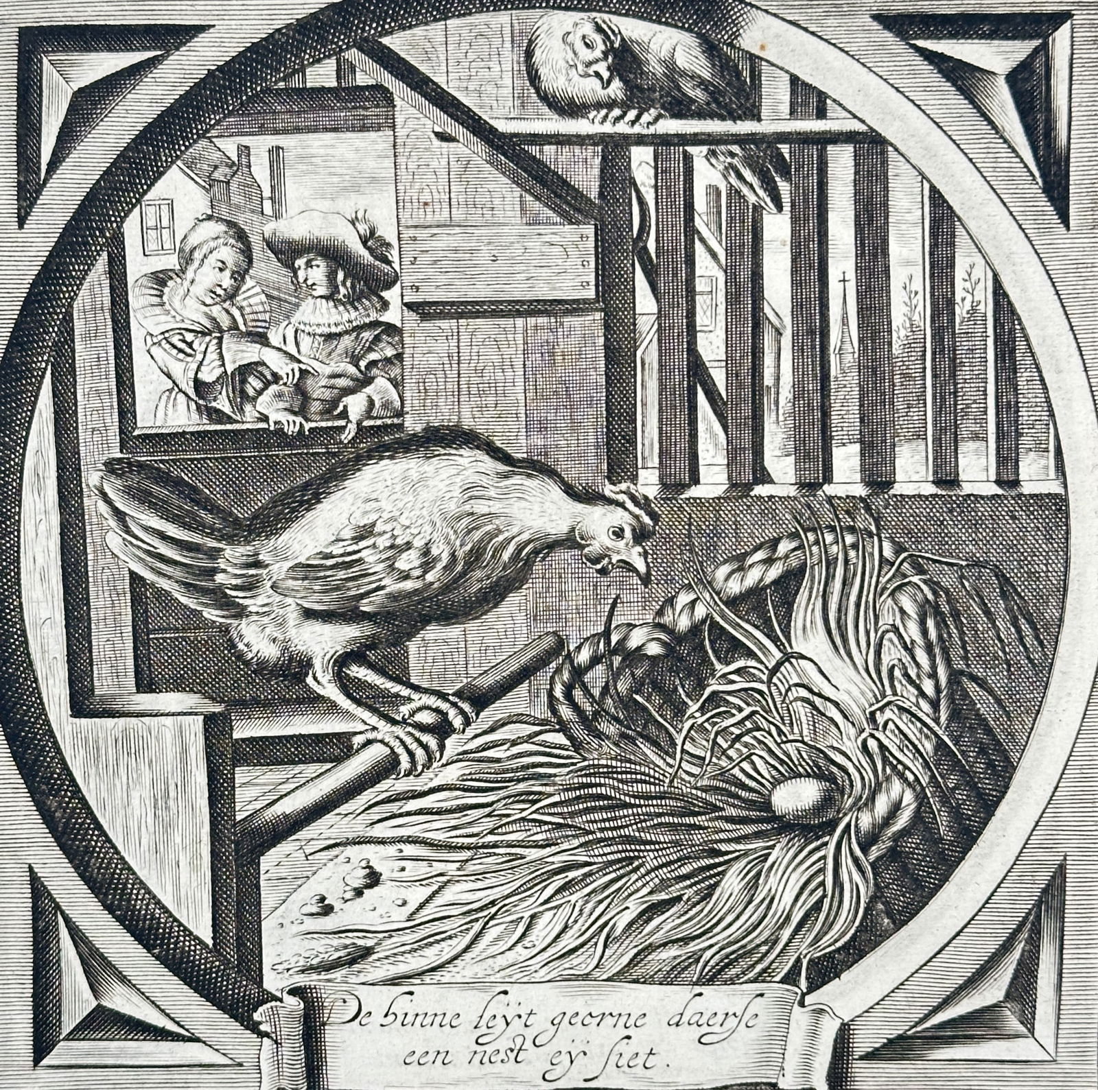 Jacob Cats – The Hen and the Nest-Egg from Eerlicke Vryagie – Engraving (c. 1655) (1 of 3)