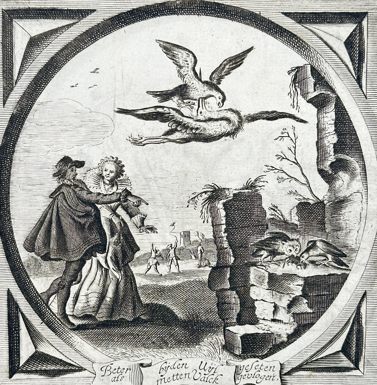 Jacob Cats – The Falconer and the Owl from Eerlicke Vryagie – Engraving (c. 1655): This engraving is featured on a page titled Eerlicke Vryagie (Honorable Courtship) and illustrates the proverb Beter by een uyl geseten, als met een valck gevlogen (Better to sit with an owl than to f