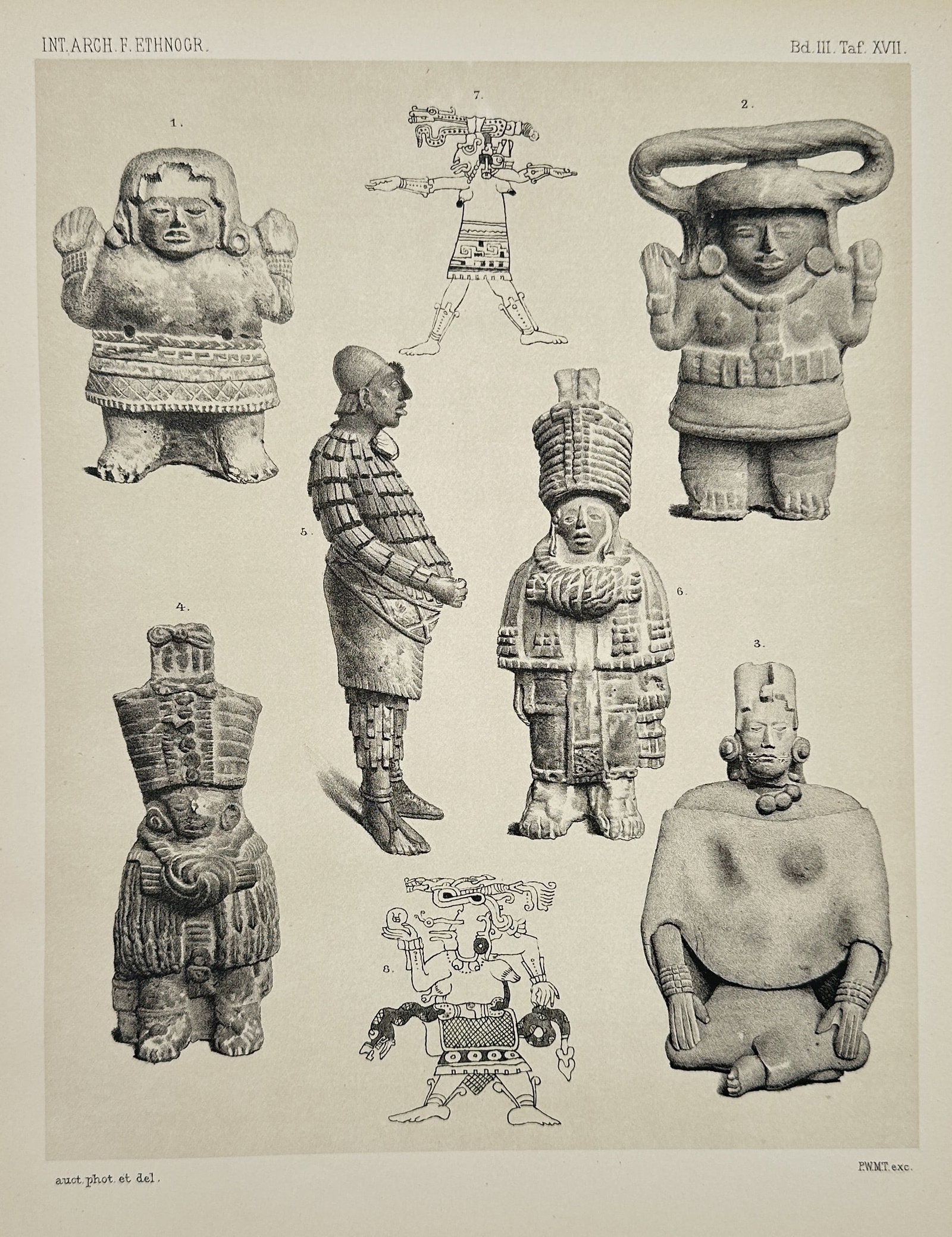 Pieter Willem Marinus Trap (1821–1905) – Pre-Columbian Figures and Mayan Deities: This illustration features several archaeological figures and drawings of Pre-Columbian deities, published in the Internationales Archiv fur Ethnographie. The central figures include detailed depictio