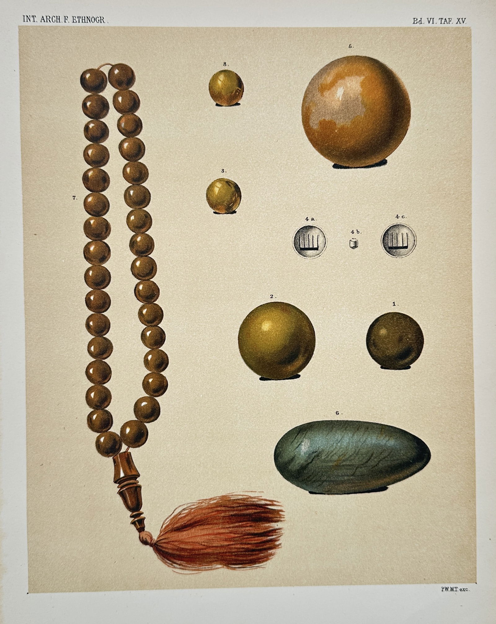 Pieter Willem Marinus Trap (1821–1905) – Prayer Beads and Polished Stones – Chromolithograph: This chromolithograph illustrates various cultural artifacts, specifically a set of prayer beads and several polished spherical and oblong stones, published in the Internationales Archiv fur Ethnograp