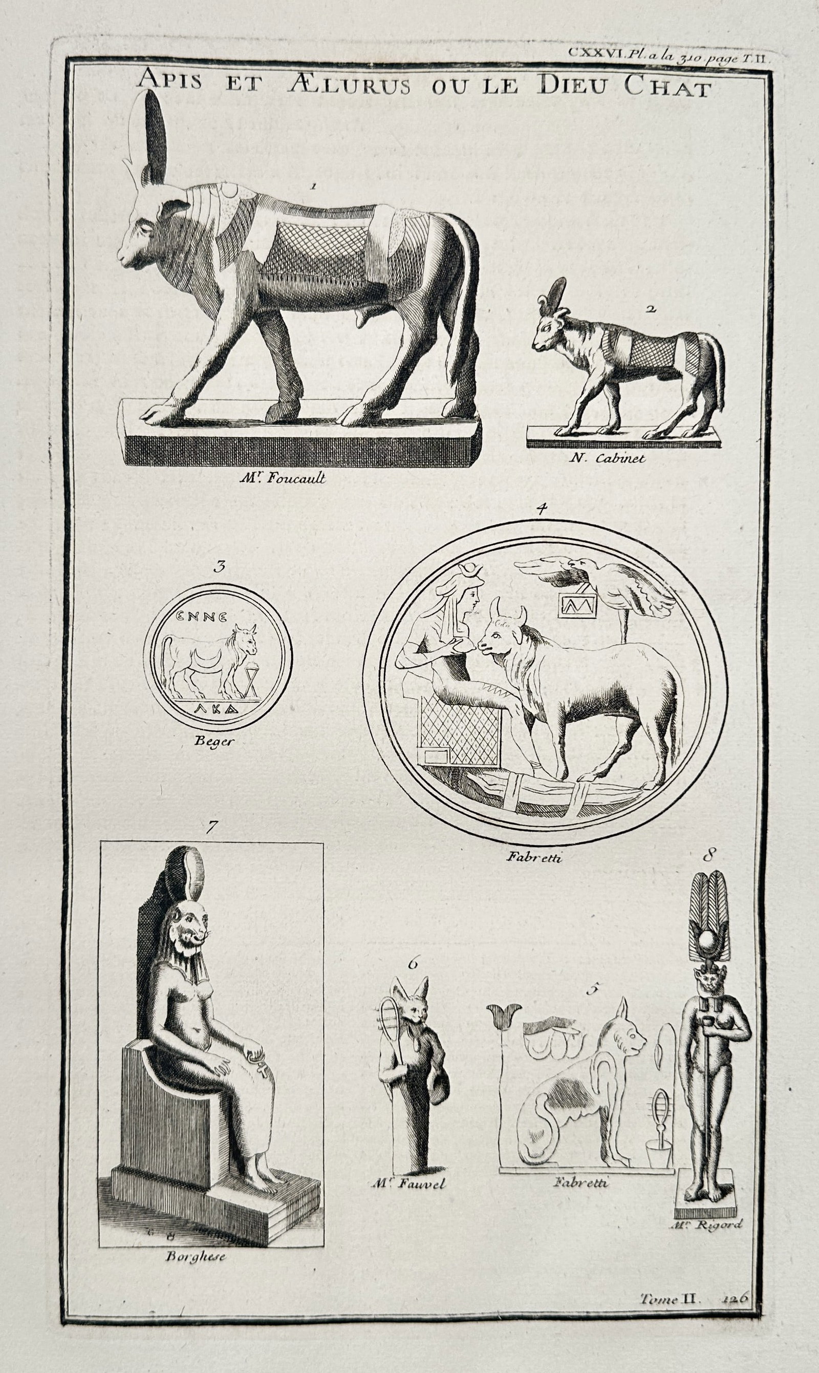 Bernard de Montfaucon (1655–1741) – Representations of Apis and the Cat Deity Aelurus: This engraving illustrates several archaeological artifacts depicting the sacred bull Apis and the cat deity Aelurus, sourced from notable 18th-century collections. The upper register features two sta