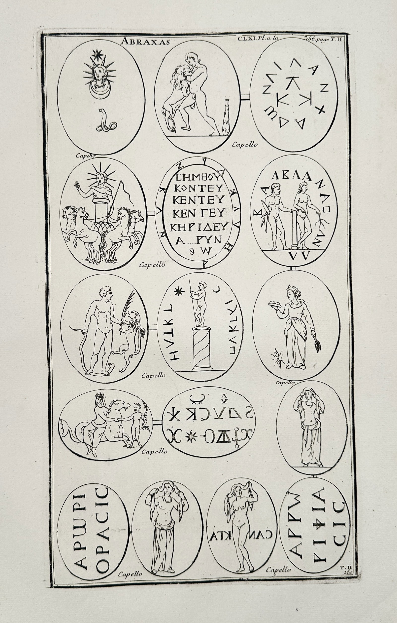 Bernard de Montfaucon (1655–1741) – Gnostic Gemstones and Mystical Symbols of Abraxas –: This engraving features an extensive collection of Gnostic gemstones and talismans, documenting various mystical figures and early religious symbols. The plate illustrates fifteen oval amulets contain