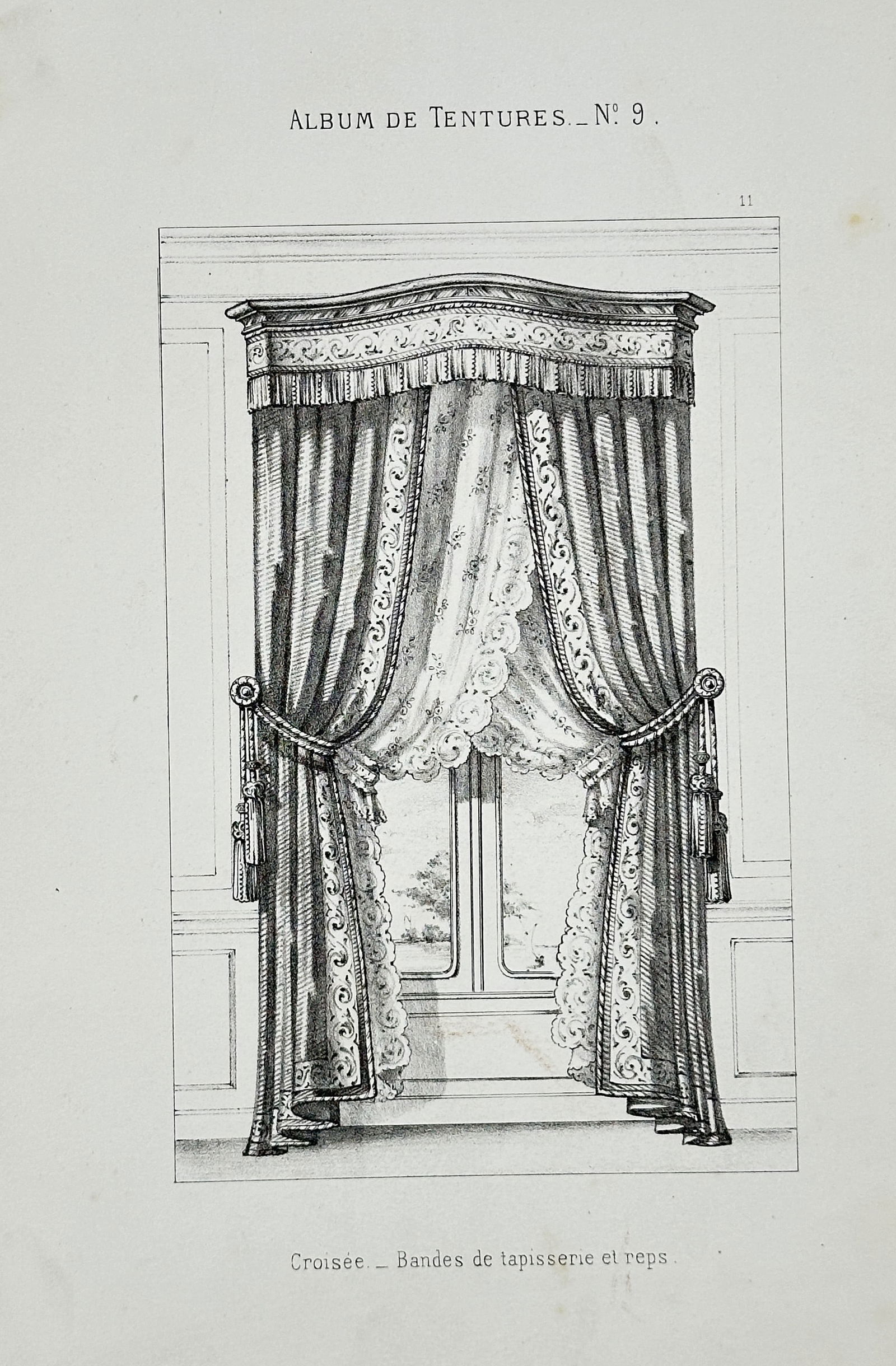 Victor Quetin – Design for Window Drapery with Tapestry and Rep Bands – Lithograph: This lithograph illustrates an elaborate window treatment design featuring heavy curtains draped over a large window within a paneled room. The arrangement includes a fringed valance at the top, decor