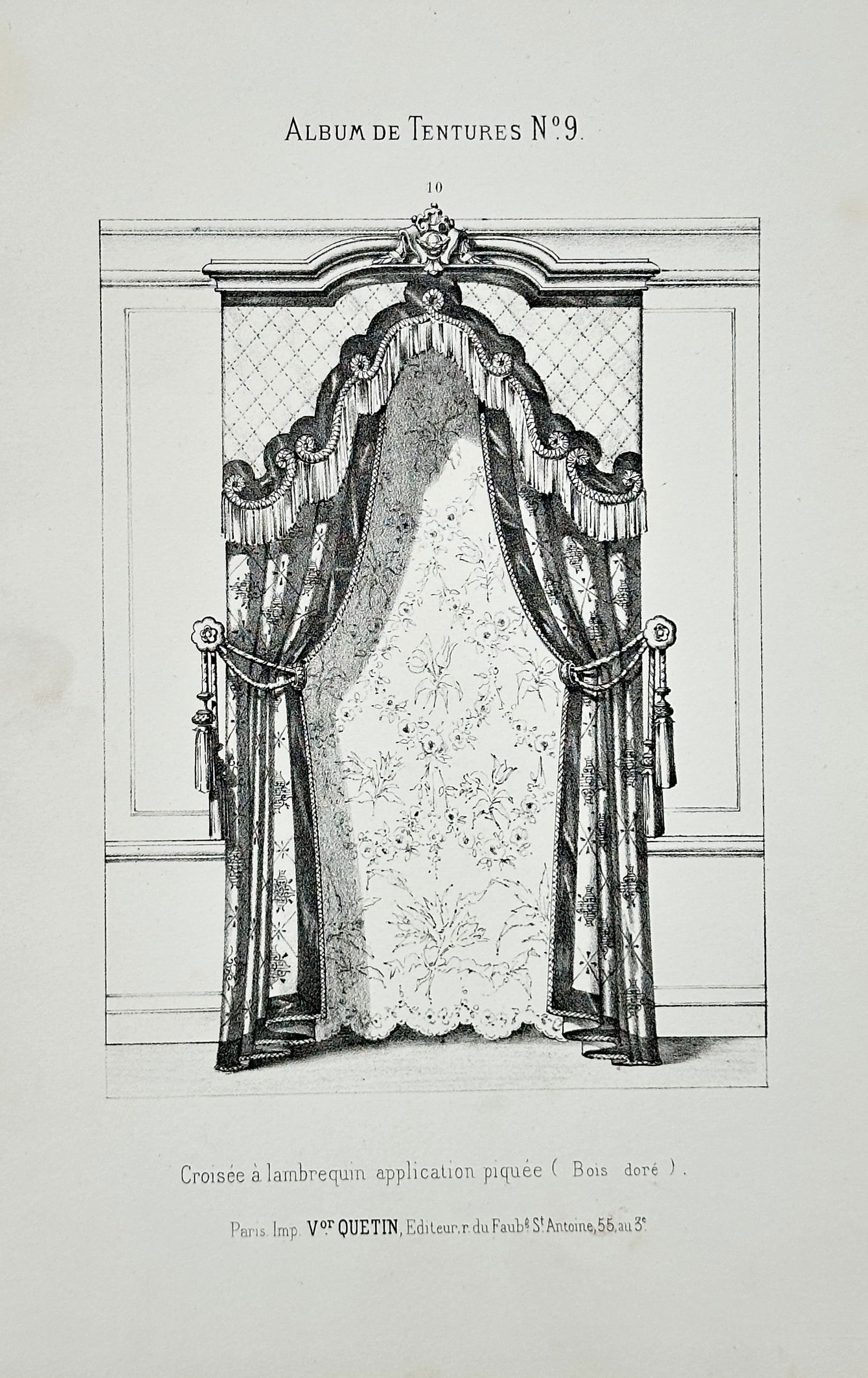 Victor Quetin – Design for Window Drapery with Quilted Lambrequin – Lithograph: This lithograph illustrates a sophisticated window treatment featuring a quilted lambrequin mounted on a gilded wood frame. The design showcases heavy, patterned curtains gathered with ornate corded t