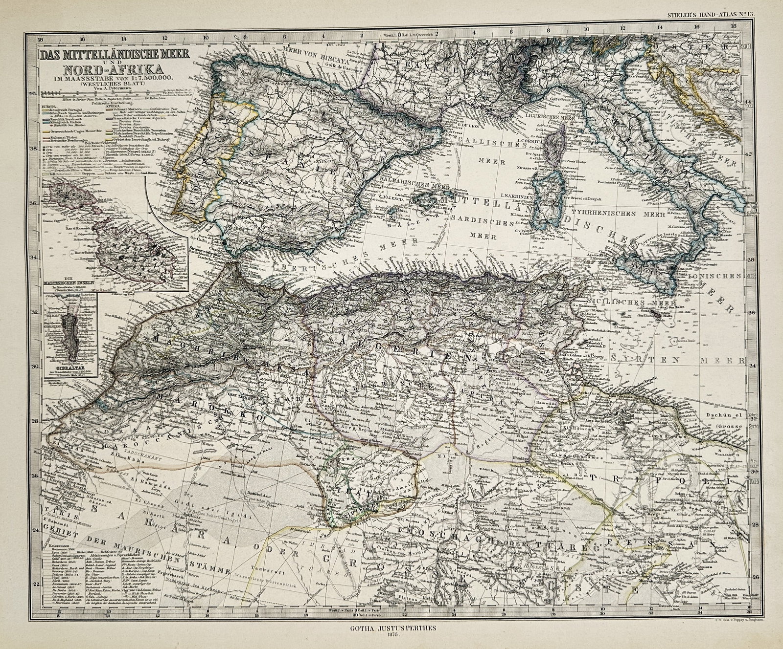 Justus Perthes (1749–1816) – Map of the Mediterranean Sea – Engraving: This engraving presents a detailed geographical map of the Mediterranean basin and the northern regions of Africa, highlighting coastal boundaries and inland topography. The work features a secondary 