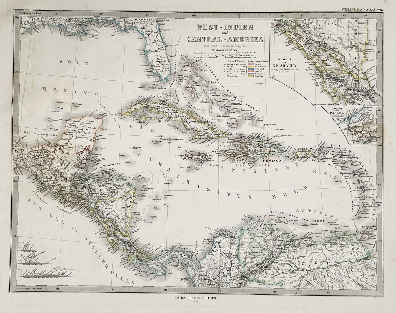 Justus Perthes (1749–1816) – Map of the West Indies and Central America – Engraving (1875): This engraving presents a detailed geographical map of the West Indies and Central America, illustrating the islands of the Caribbean Sea and the mainland bridge between North and South America. The w
