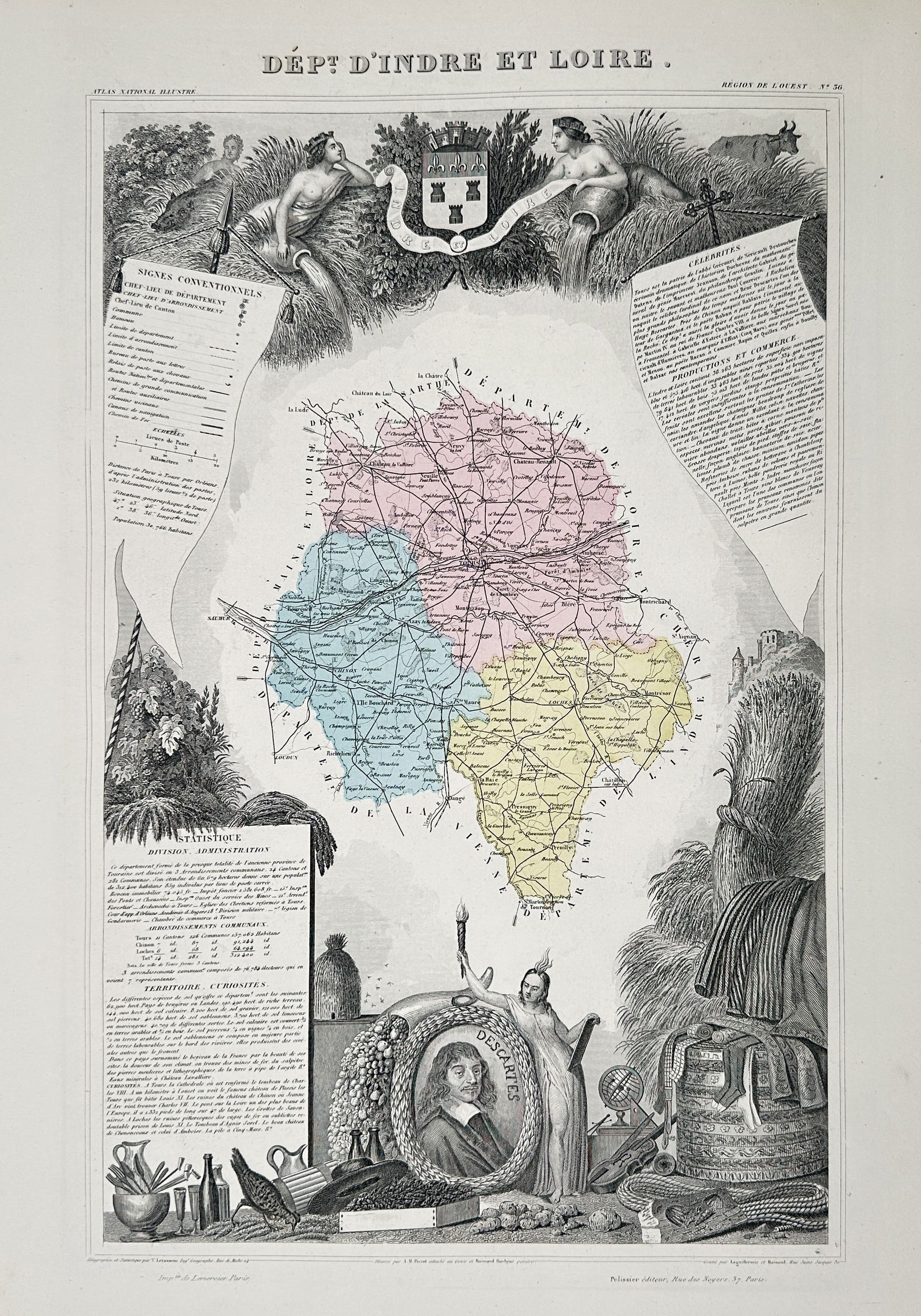 Victor Levasseur (1800–1870) – Map of Indre-et-Loire (France) – Engraving (1852) (1 of 2)