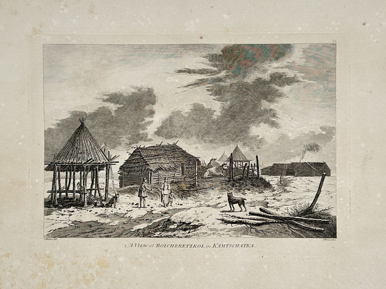 John Webber (1751–1793) – View at Bolsheretsk in Kamchatka – Illustration (1784): This illustration depicts a winter landscape in Bolsheretsk, a settlement on the Kamchatka Peninsula, featuring traditional wooden dwellings and storage structures. Figures in regional dress are shown