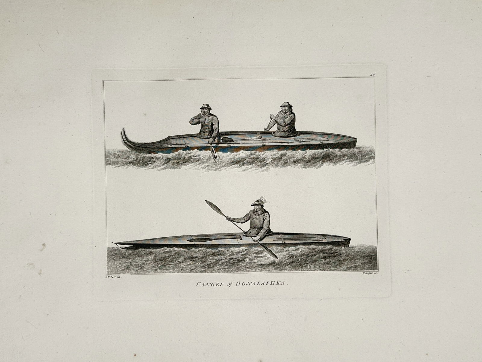 John Webber (1751–1793) – Canoes of Oonalashka – Illustration (1784): This illustration depicts two styles of traditional skin-covered canoes, known as baidarkas, used by the indigenous people of Unalaska in the Aleutian Islands. The upper portion shows a two-person can