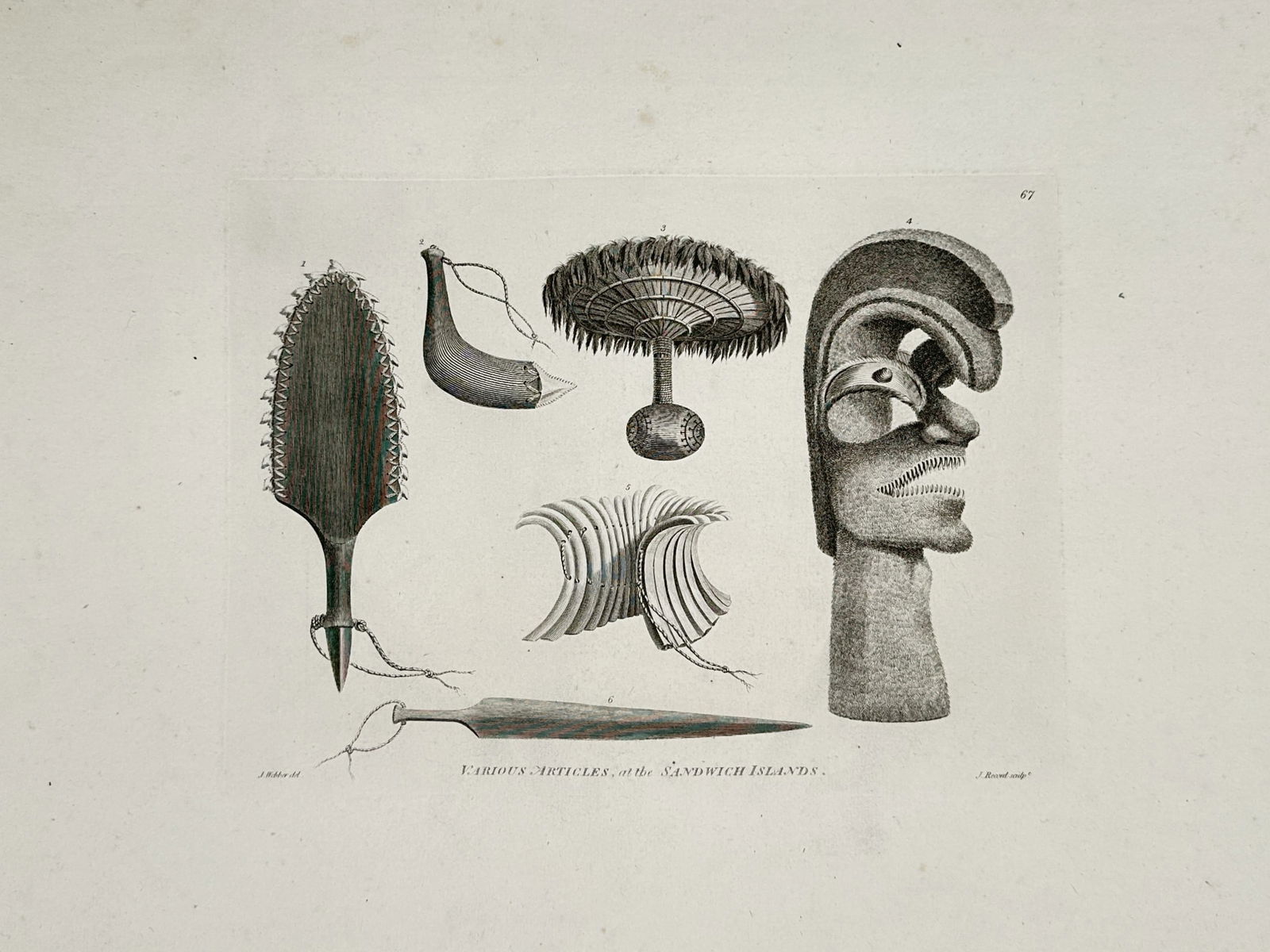John Webber (1751–1793) – Various Articles at the Sandwich Islands – Illustration (1784): This illustration depicts several significant cultural artifacts from the Sandwich Islands, known today as Hawaii, including a feathered cloak, a helmet, and various ceremonial tools. The central figu