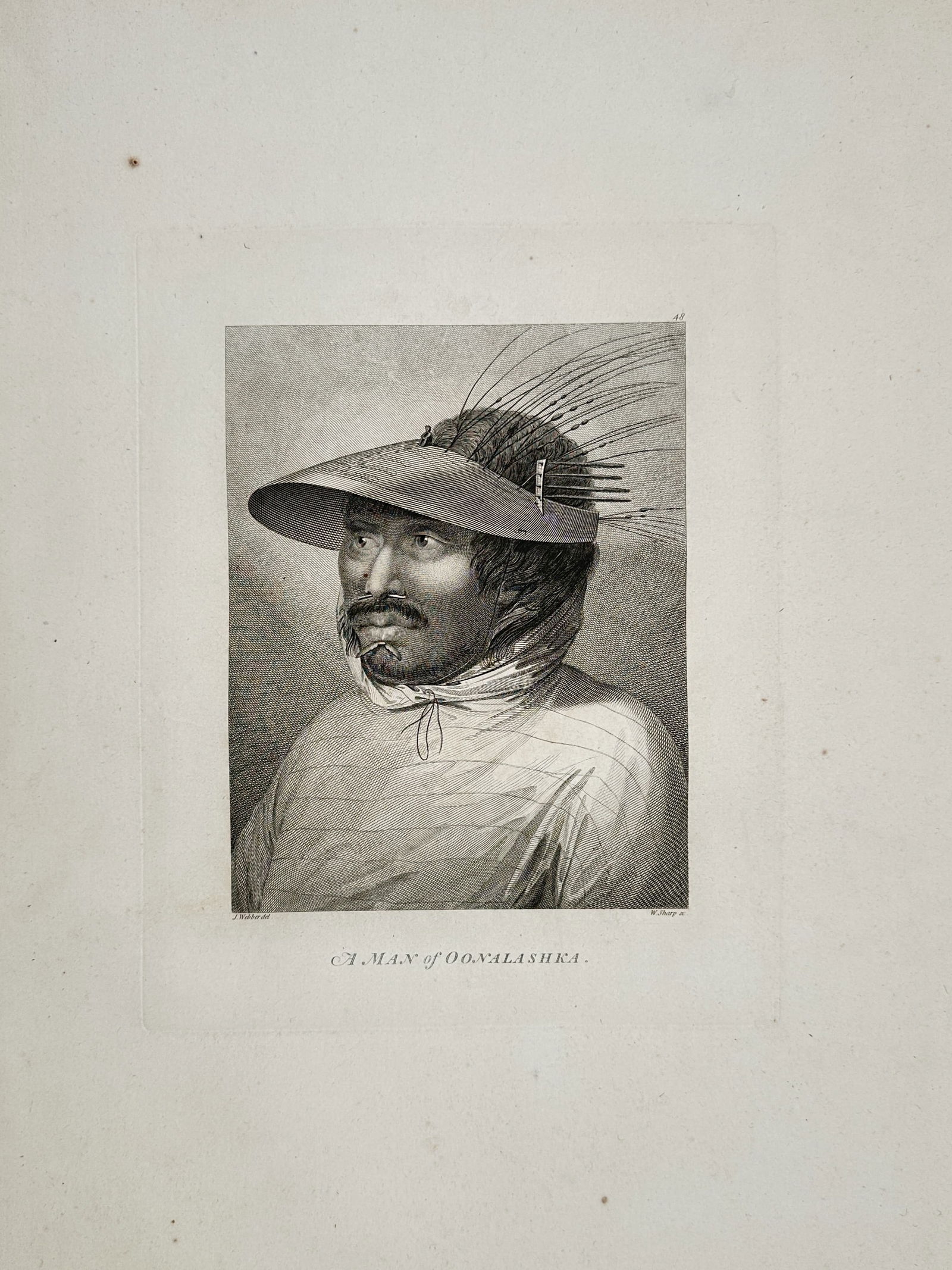 John Webber (1751–1793) – Portrait of a Man of Oonalashka – Illustration (1784): This illustration presents a profile portrait of an indigenous man from Unalaska in the Aleutian Islands, wearing a traditional distinctive hunting hat decorated with long sea-lion whiskers. The fine