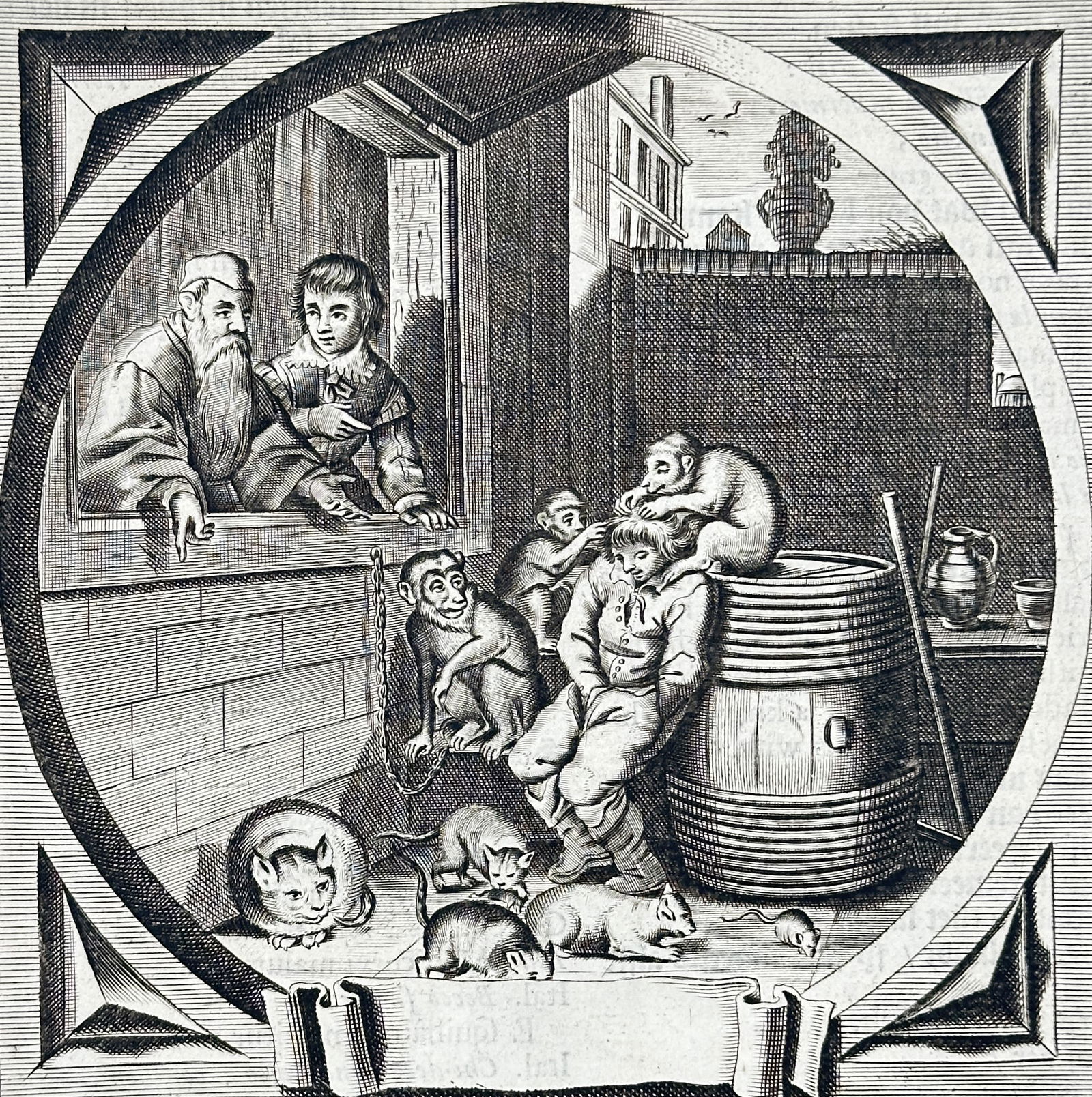 Jacob Cats – Emblematic Illustration with Cats and Monkeys from Houwelyck – Woodcut (1 of 3)