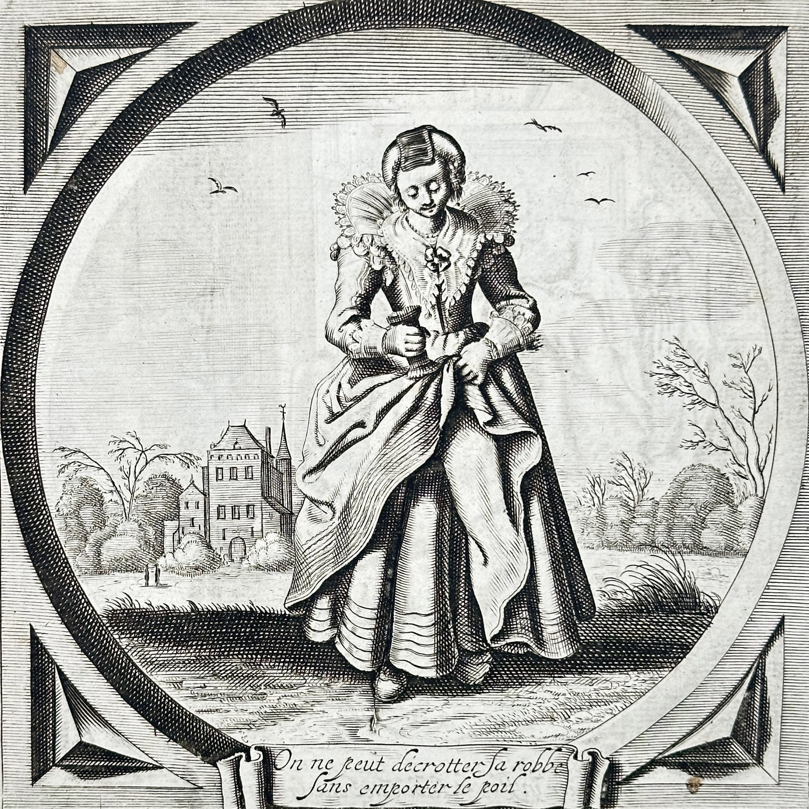 Jacob Cats – Emblematic Illustration of a Woman in a Landscape from Houwelyck – Woodcut (1 of 3)