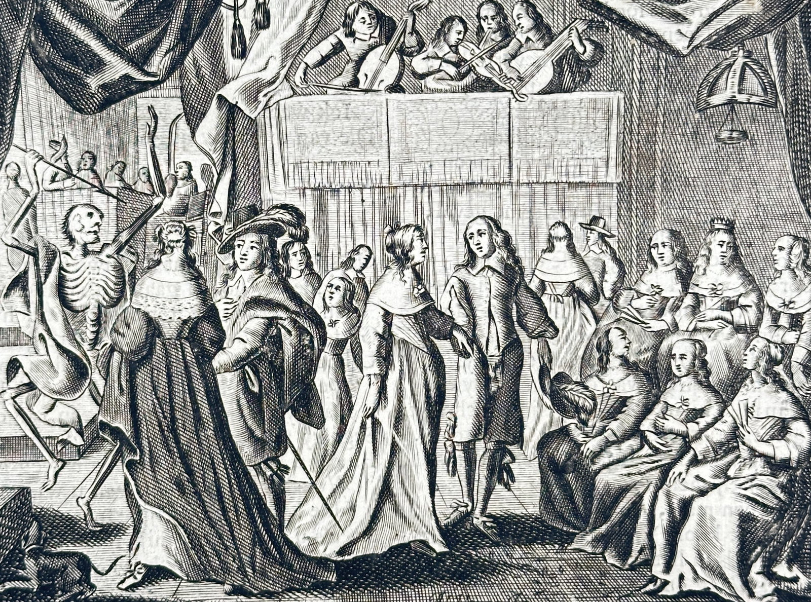 Jacob Cats – The Dance of Death from Houwelyck – Woodcut (c. 1625–1650): This woodcut features a Dance of Death scene positioned in the lower half of the page, where a skeletal figure representing Death enters an elegant interior to interact with a group of figures. The pl