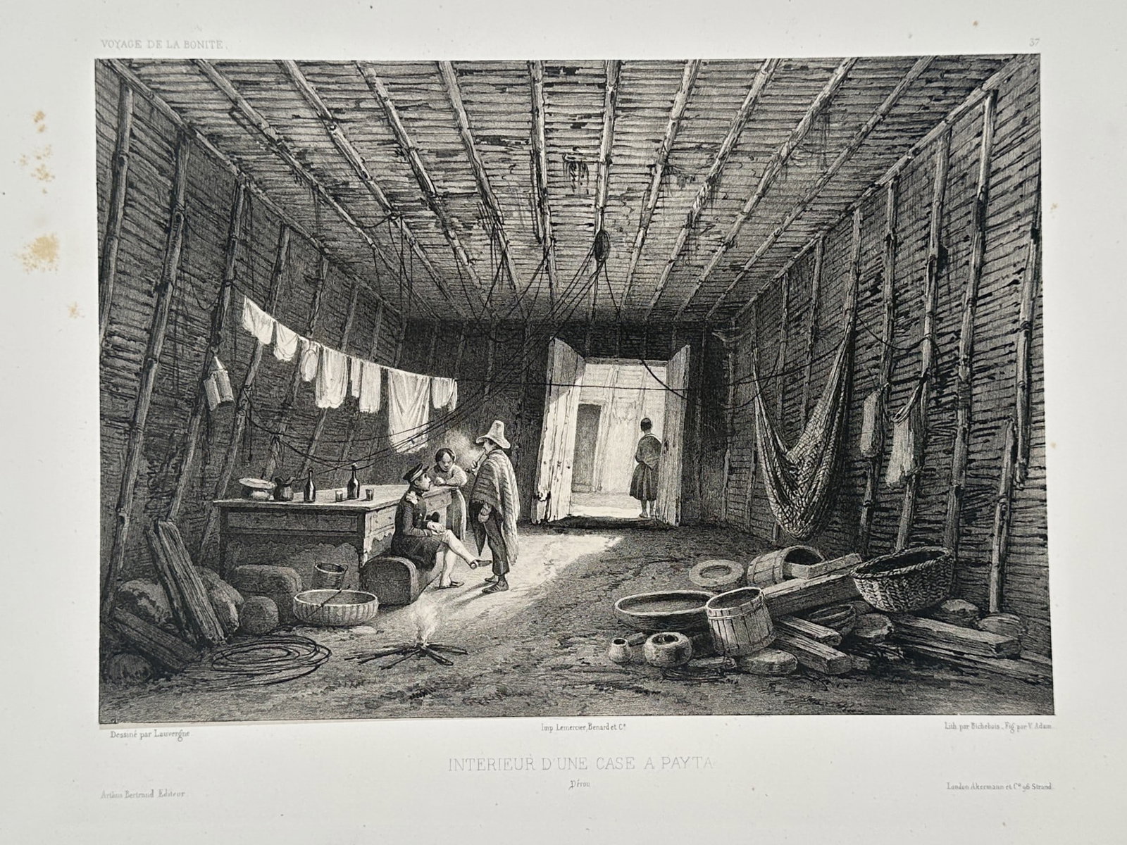 Barthélemy Lauvergne (1805–1871) – Interior of a Hut at Paita – Engraving (1840) (1 of 2)
