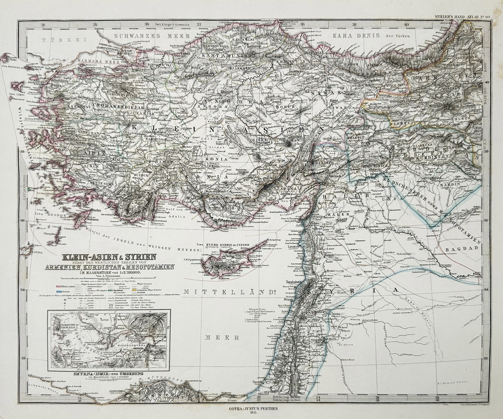 Justus Perthes (1749–1816) – Map of Asia Minor and Syria – engraving (1875): This detailed engraving depicts the regions of Asia Minor and Syria, including the western parts of Armenia, Kurdistan, and Mesopotamia. The map features an inset in the lower-left corner showing the