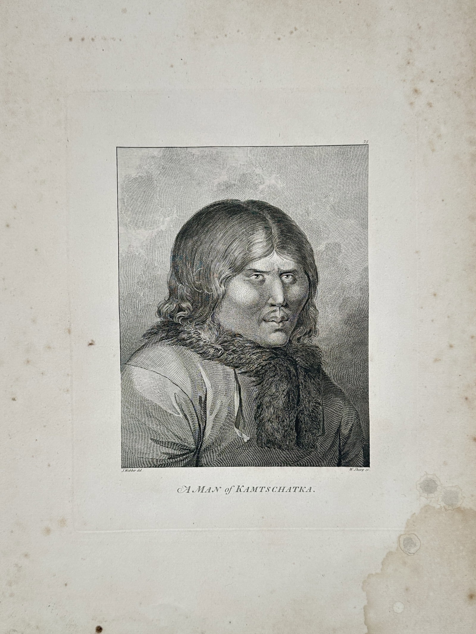 John Webber (1751–1793) – A Man of Kamtschatka – illustration (1784): This ethnographic portrait features a man from the Kamchatka Peninsula in Russia, depicted in traditional dress with a fur collar. The work was created during Captain James Cook's third and final voya