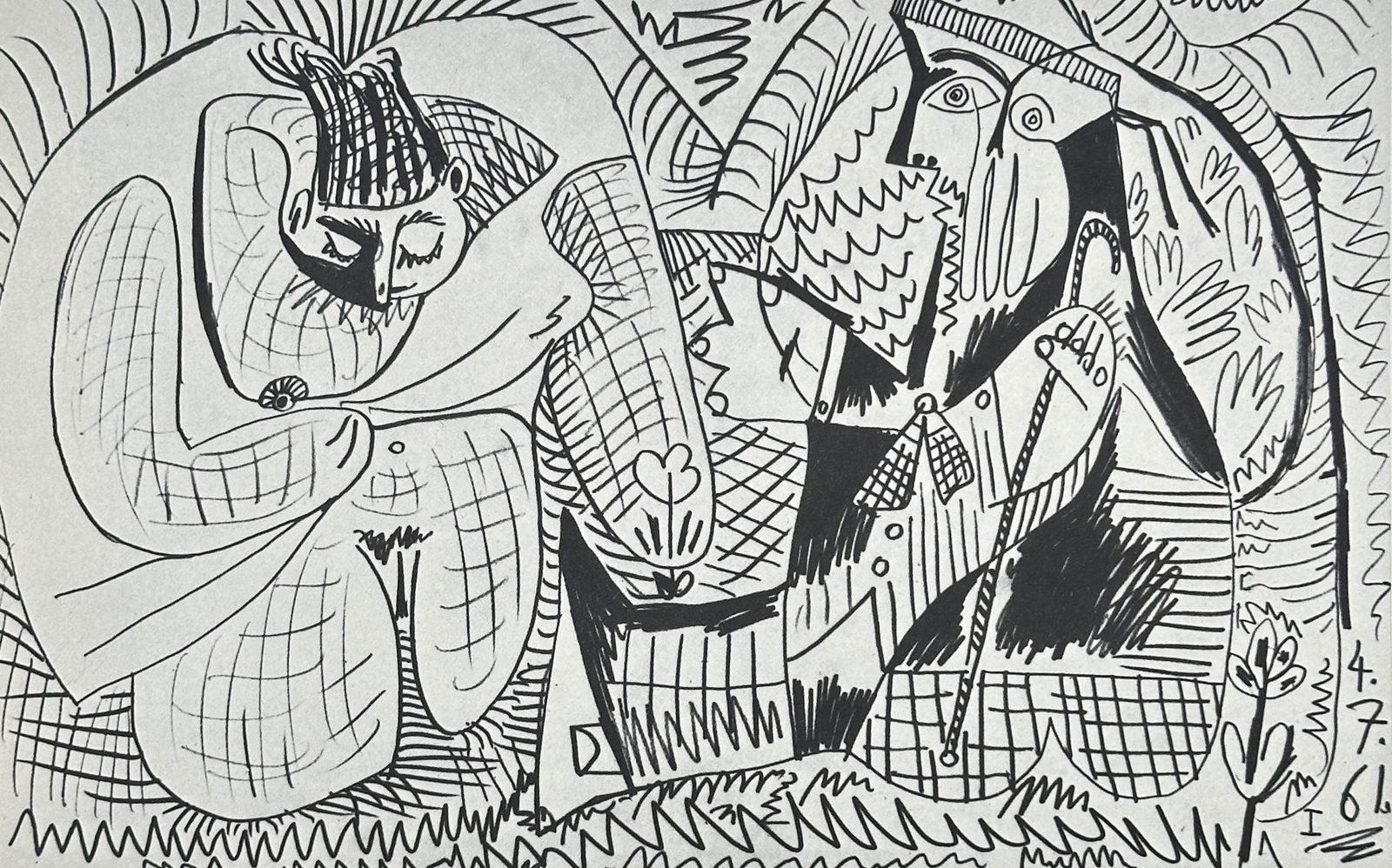 Pablo Picasso (1881–1973), after – Luncheon on the Grass – offset print (20th Century): This offset print presents a modern interpretation of a classic pastoral scene featuring two abstracted figures situated in a landscape. The composition is rendered in a bold, expressive style with he