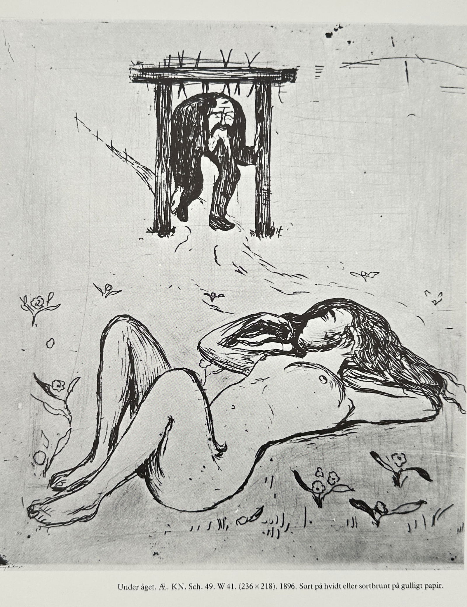 Edvard Munch (1863–1944),after – Under the Yoke – offset print (20th Century): This offset print features a symbolic composition titled Under the Yoke, depicting a reclining nude female figure in the foreground and a small, hunched male figure carrying a heavy wooden structure i