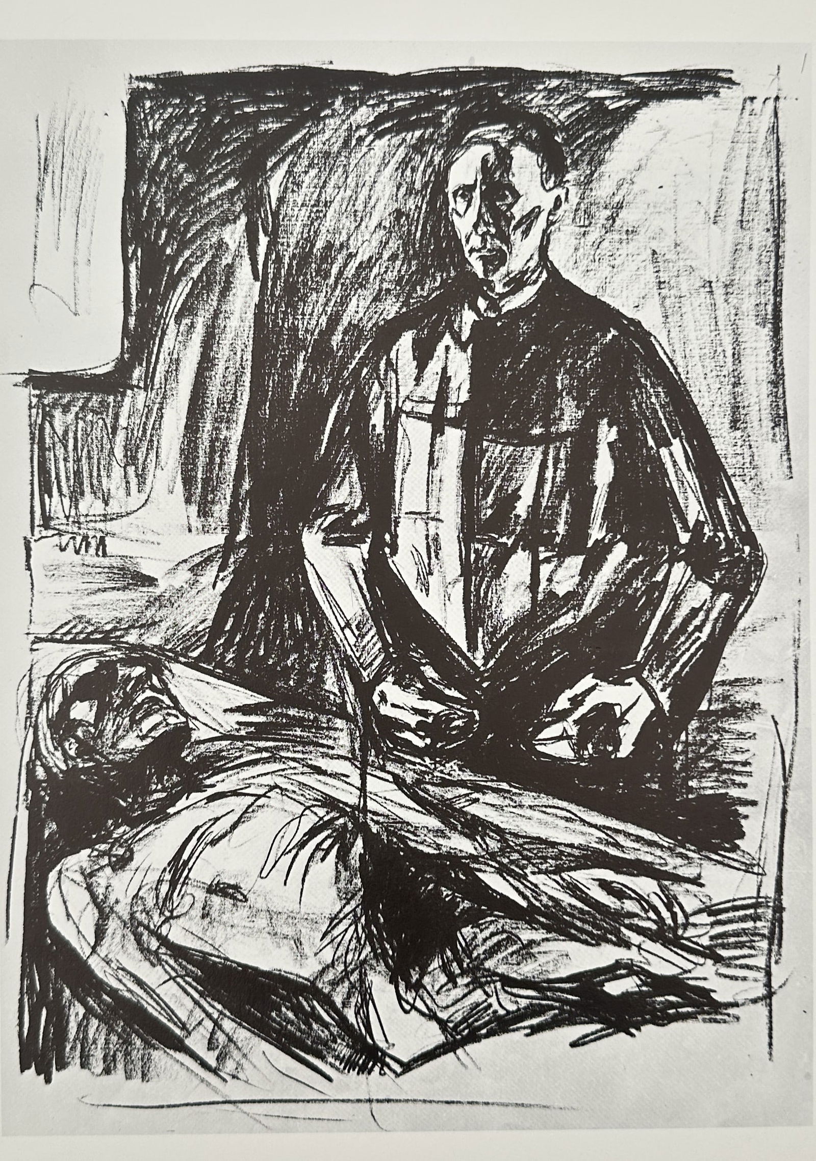 Edvard Munch (1863–1944),after – Self Portrait in the Clinic – offset print (20th Century): This offset print features a psychologically charged self-portrait of the artist during his stay at Dr. Jacobson's clinic in Copenhagen, rendered with intense, rapid linework that conveys a sense of v