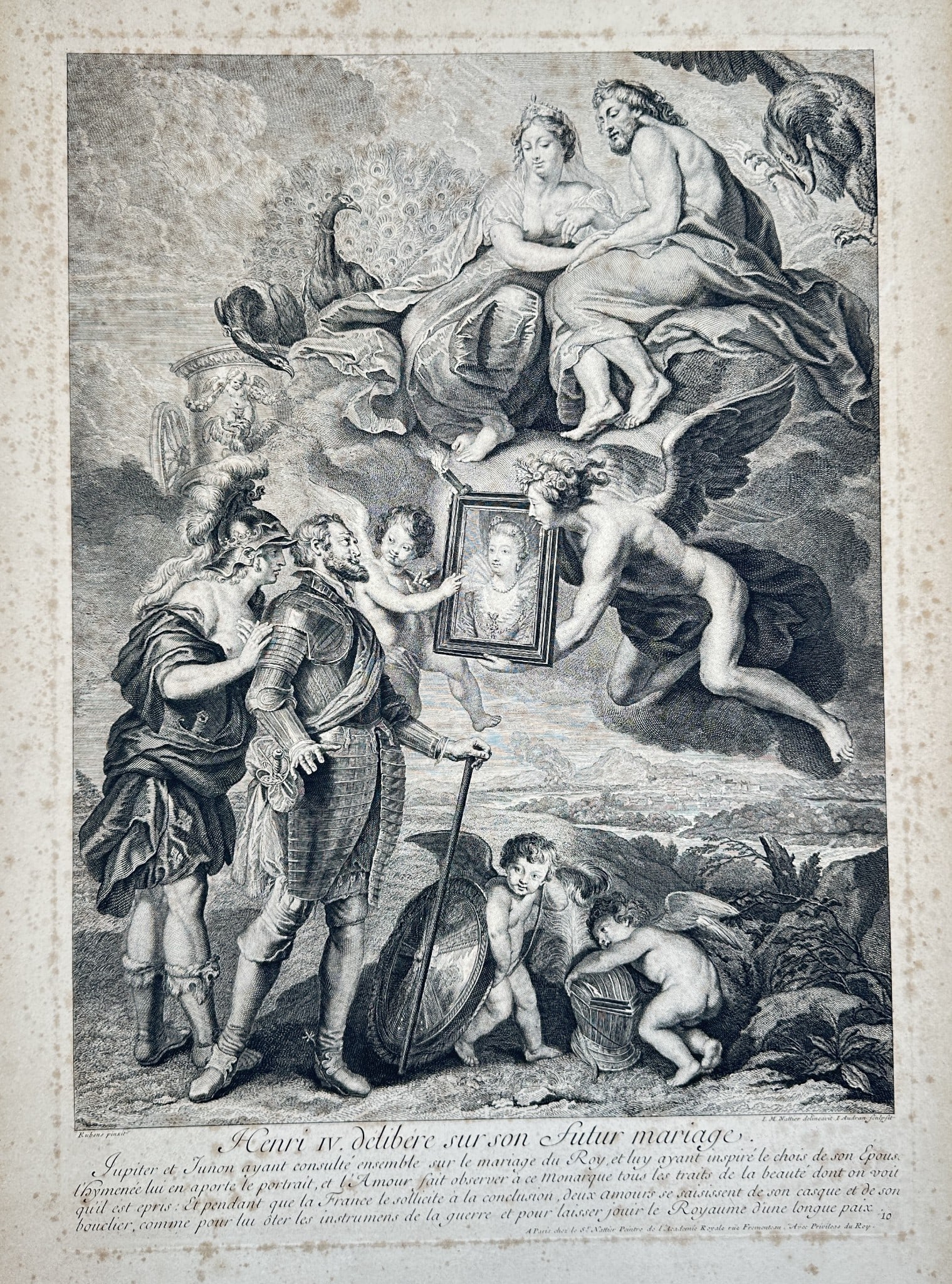 Jean-Baptiste Massé (1687–1767) – Henry IV Deliberates on His Future Marriage: This large allegorical engraving illustrates King Henry IV of France standing in full armor, contemplating his second marriage. In the center, a winged figure presents him with a portrait, presumably 