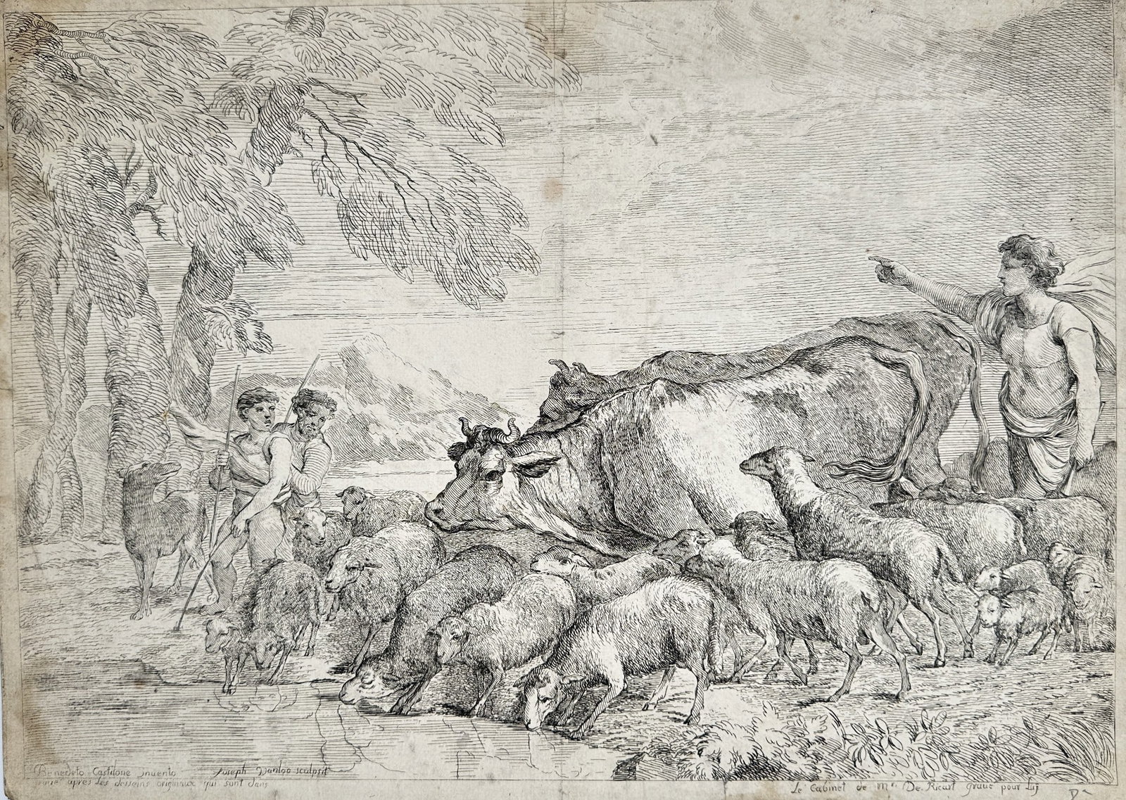 Giovanni Benedetto Castiglione (1609–1664) – Shepherds Driving a Herd of Cattle: This etching depicts a busy pastoral scene where a large herd of sheep and cattle, including a prominent ox, is being driven through a classical landscape. The central action focuses on the animals cr