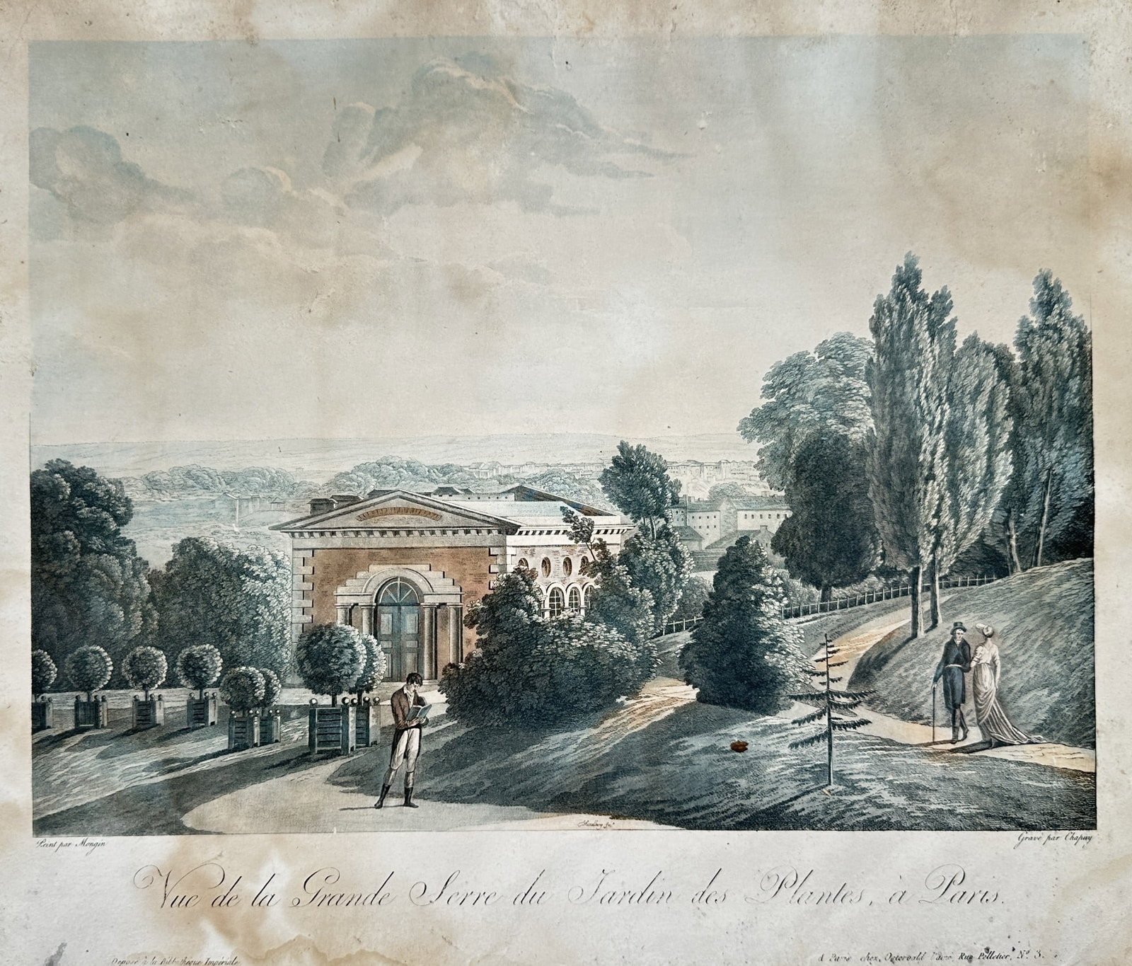 Antoine Pierre Mongin (1761–1827) – View of the Great Greenhouse of the Jardin d: This colored aquatint engraving depicts the Great Greenhouse (Grande Serre) of the Jardin des Plantes in Paris, France. The classical facade of the glasshouse is prominently featured, set within the s