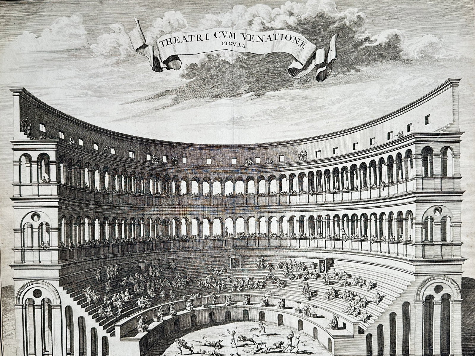 François Jacques Deseine (1768–1837) – View of the Roman Amphitheater: This detailed engraving presents an architectural reconstruction and cutaway view of a massive classical Roman amphitheater. The numerous tiers of seating are filled with spectators, all focused on th