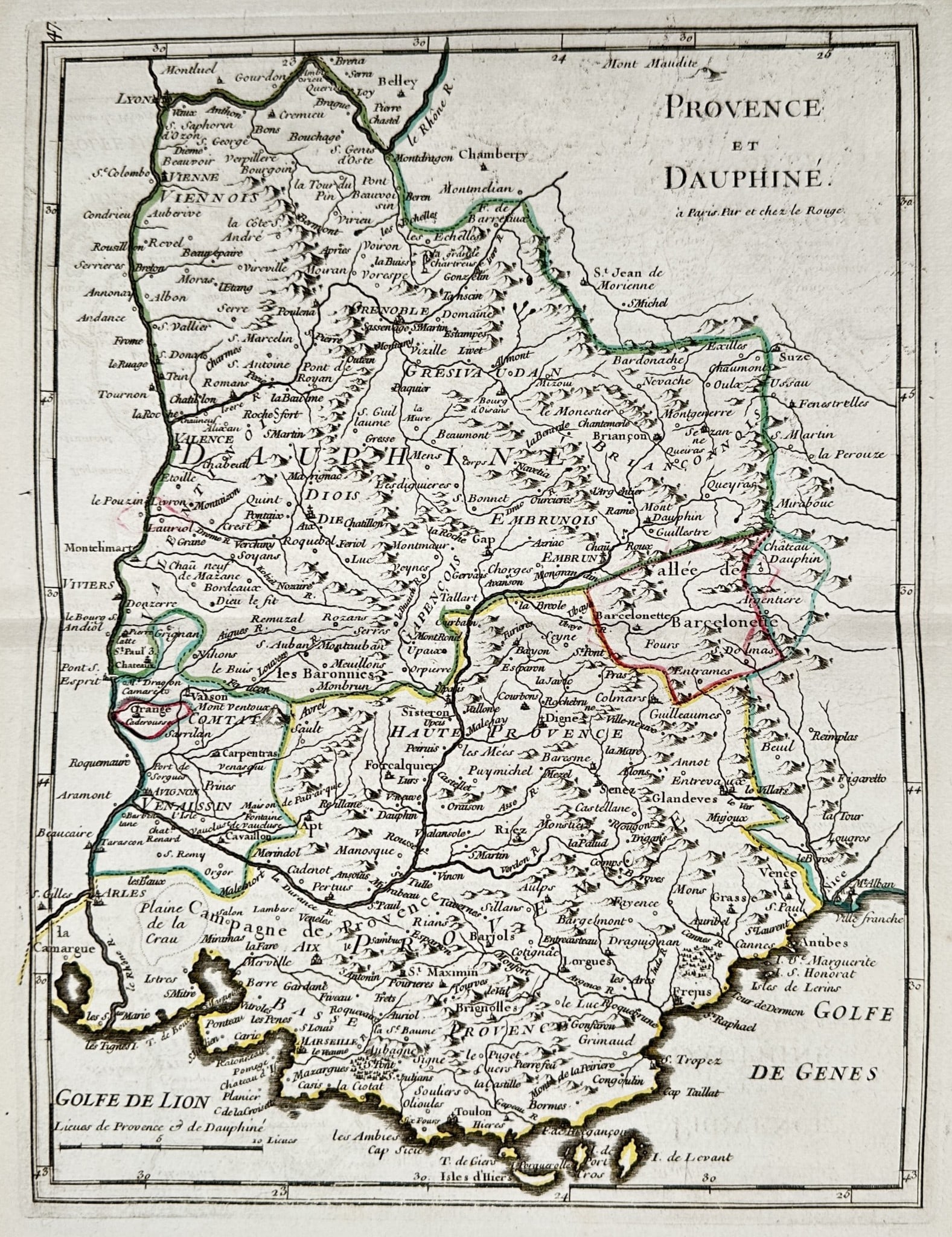 Georges-Louis Le Rouge (1712–1790) – Map of Provence and Dauphiné: This hand-colored engraving is a detailed regional map covering the southeastern French provinces of Provence and Dauphiné. The map was published by Sieur Le Rouge in Paris and displays the political