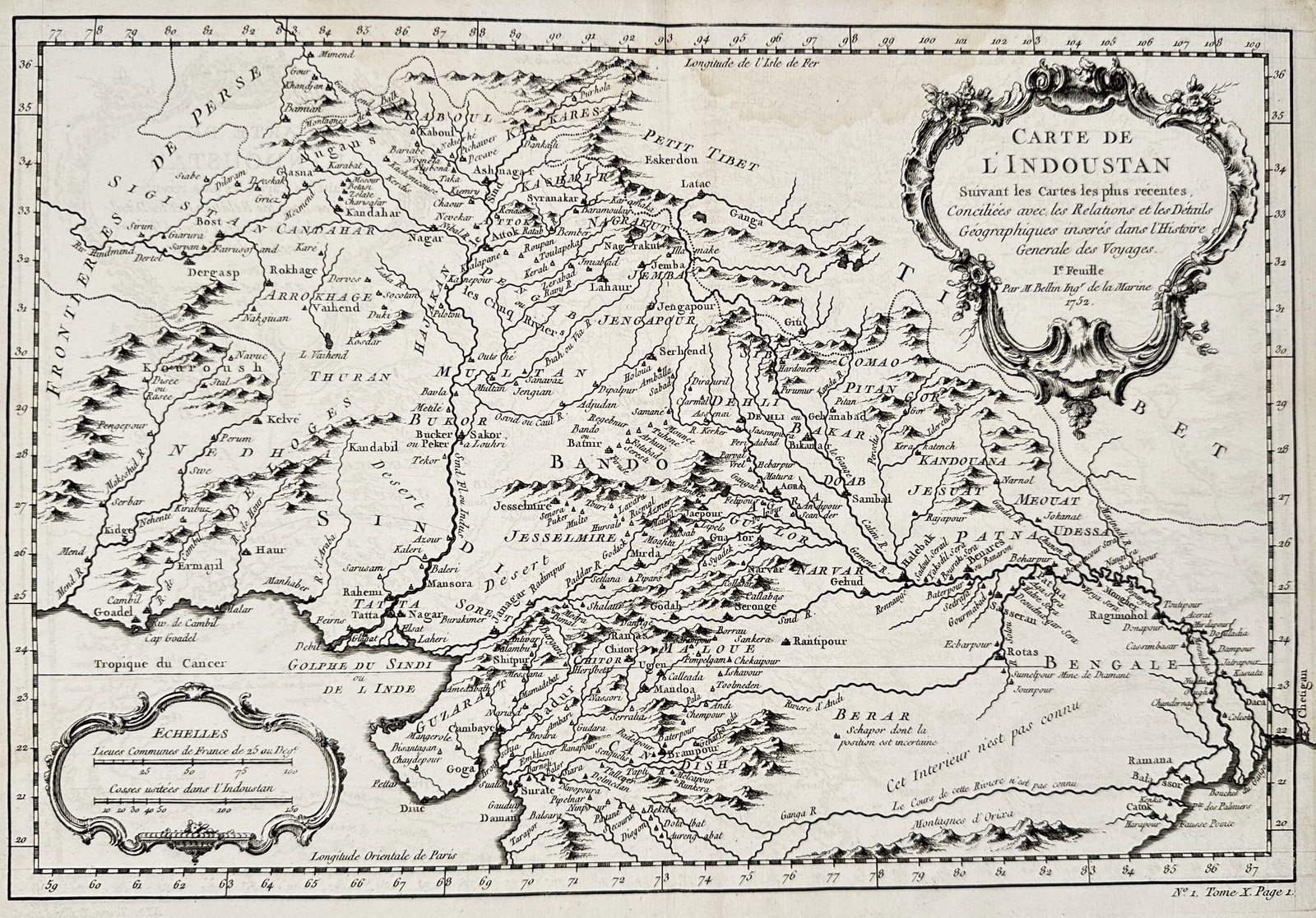 Jacques Nicolas Bellin (1703–1772) – Map of Hindustan (The Indian Subcontinent): This copper engraving is a detailed political and geographical map of Hindustan, the historical name for the Indian Subcontinent and surrounding territories. The map displays the major rivers, mountai