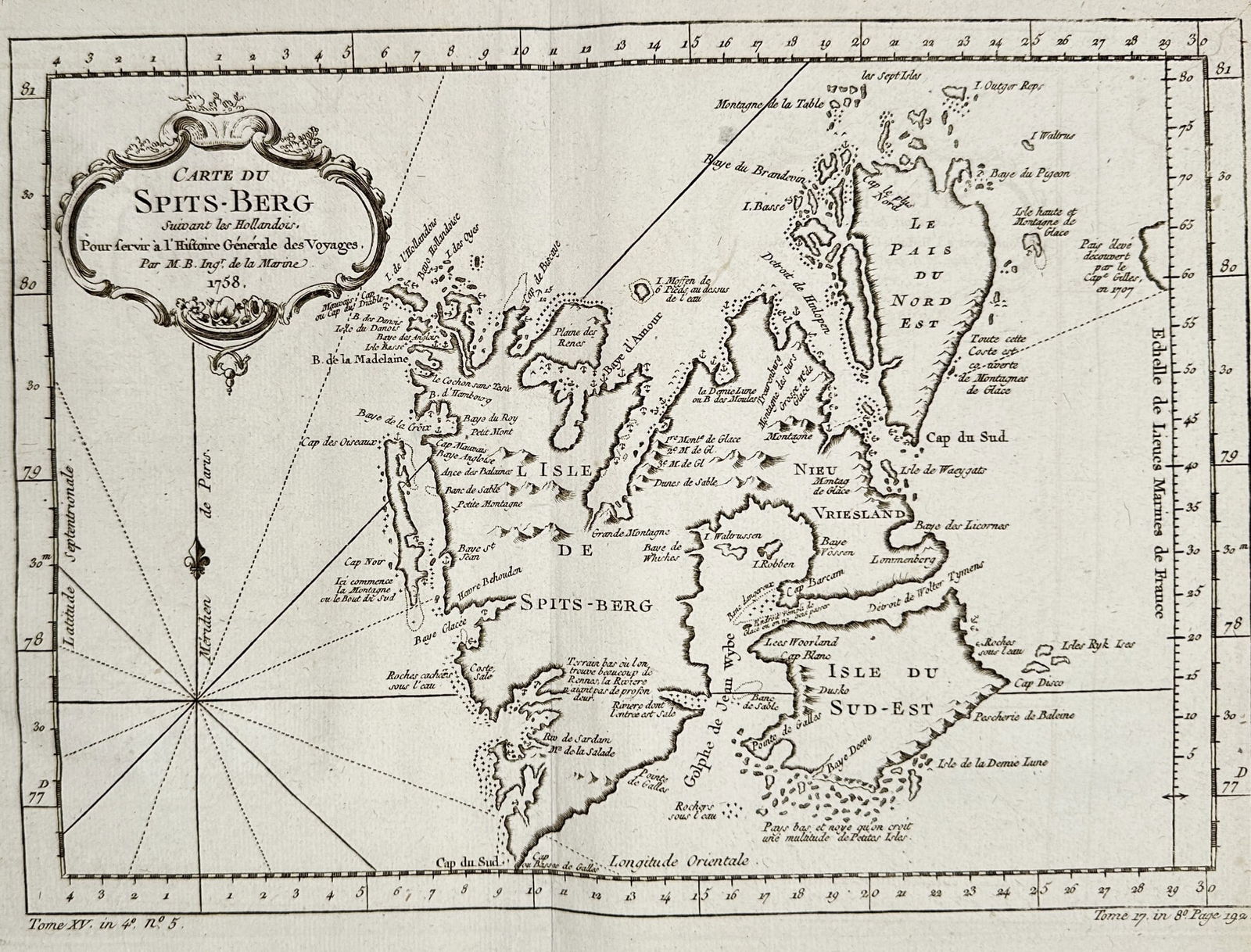 Abbé Prévost (1697–1763) – Map of Spitsbergen (Arctic) – Copper engraving (1758): This copper engraving is a detailed hydrographic and geographical map of the Arctic archipelago of Spitsbergen. The map was engraved in 1758 and explicitly states it was based on Dutch observations fr