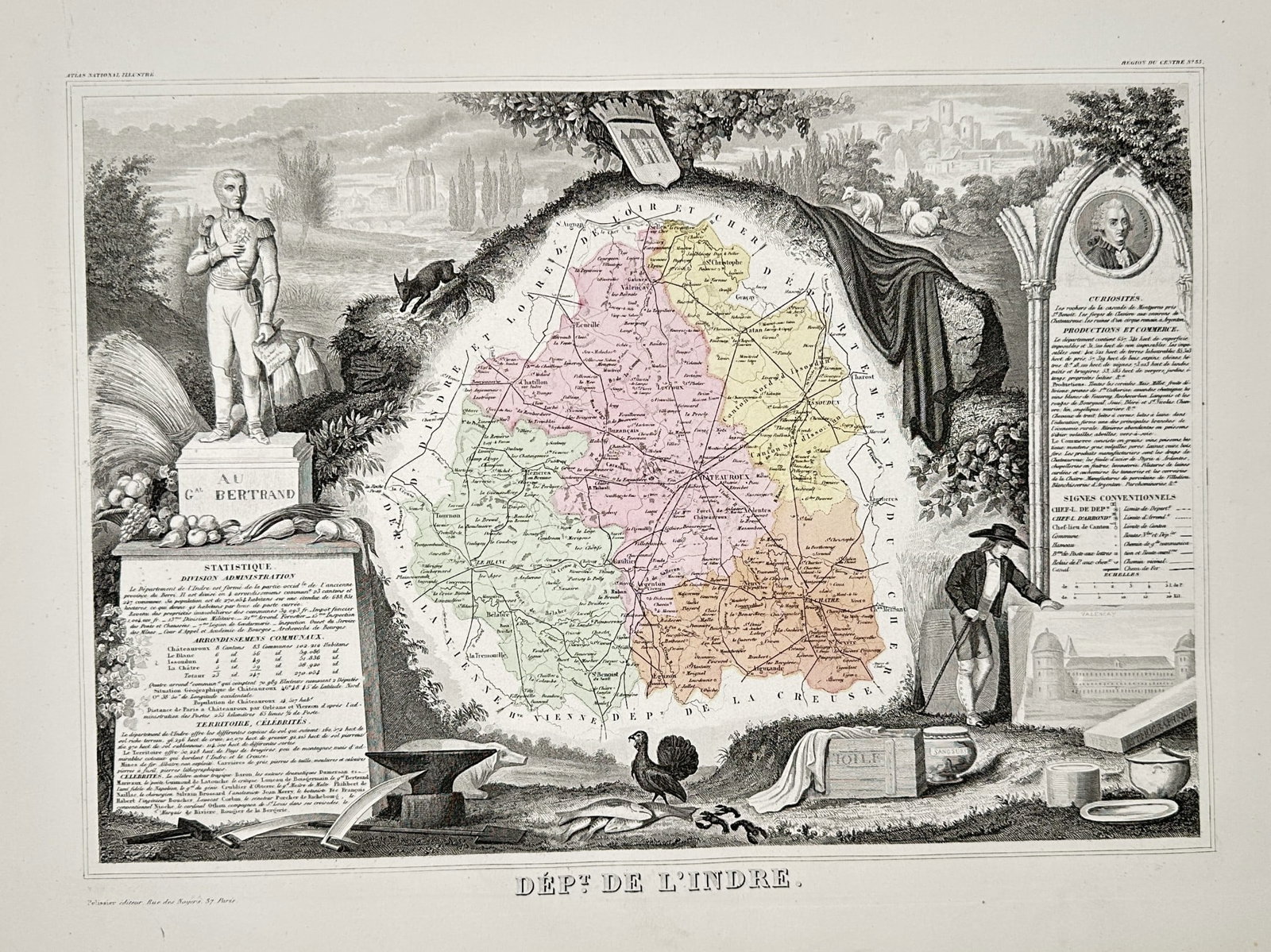 Victor Levasseur (1795–1862) – Map of the Department of Indre (France): This hand-colored steel engraving is a highly decorative map of the French Department of Indre. The geographical map occupies the center of the composition, surrounded by detailed vignettes and inform